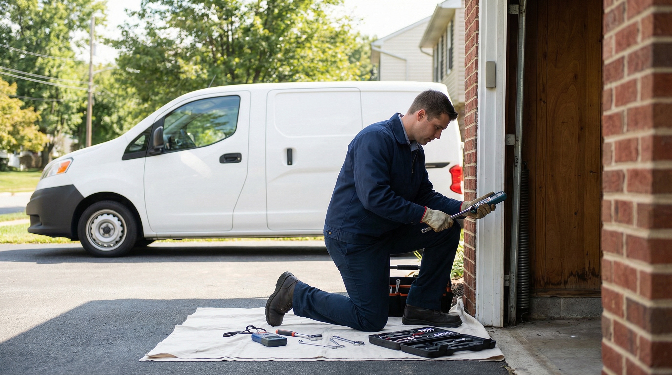 Professional technician repairing garage door in Norristown with specialized tools