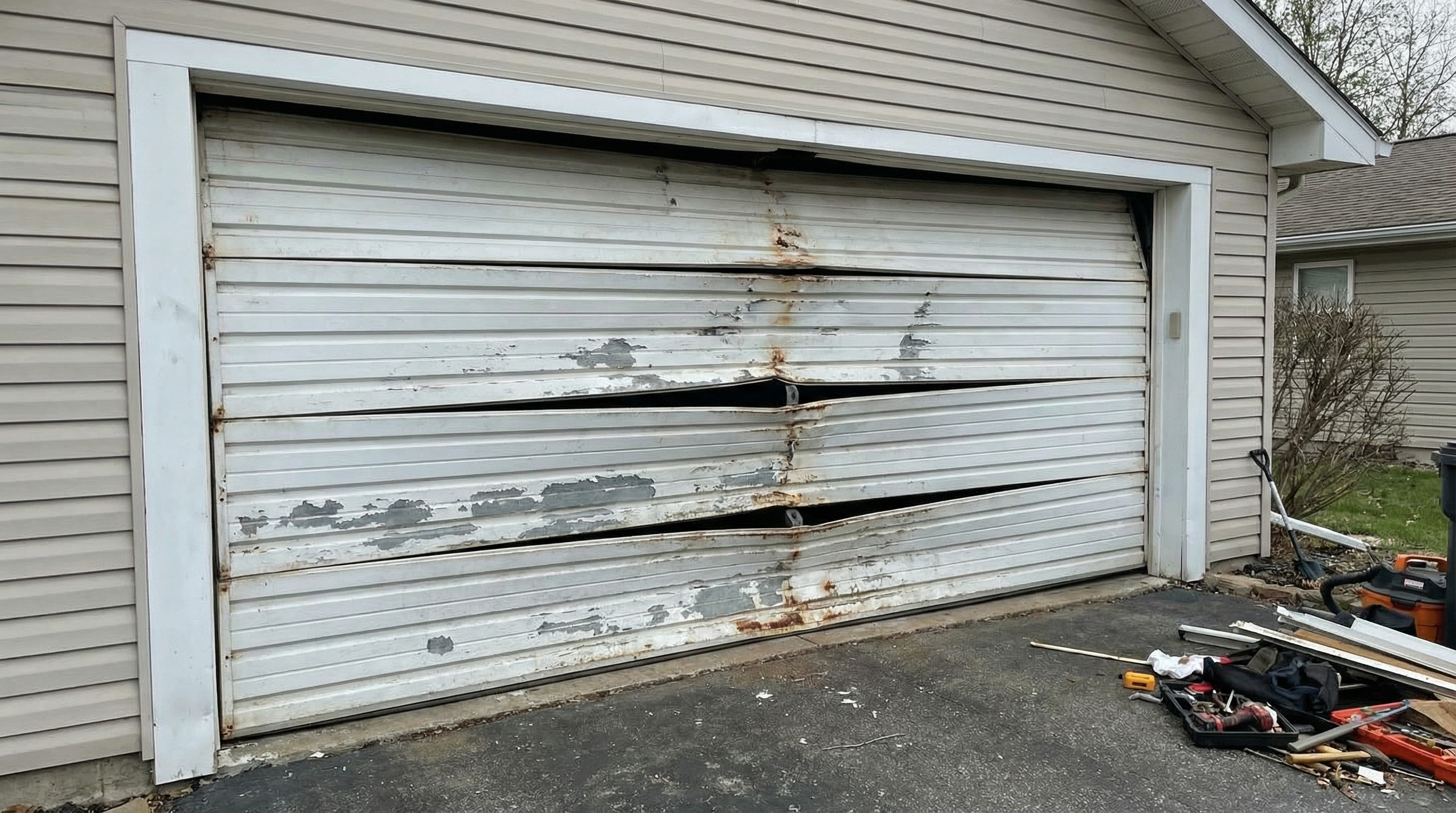 garage door with multiple damaged panels showing misalignment