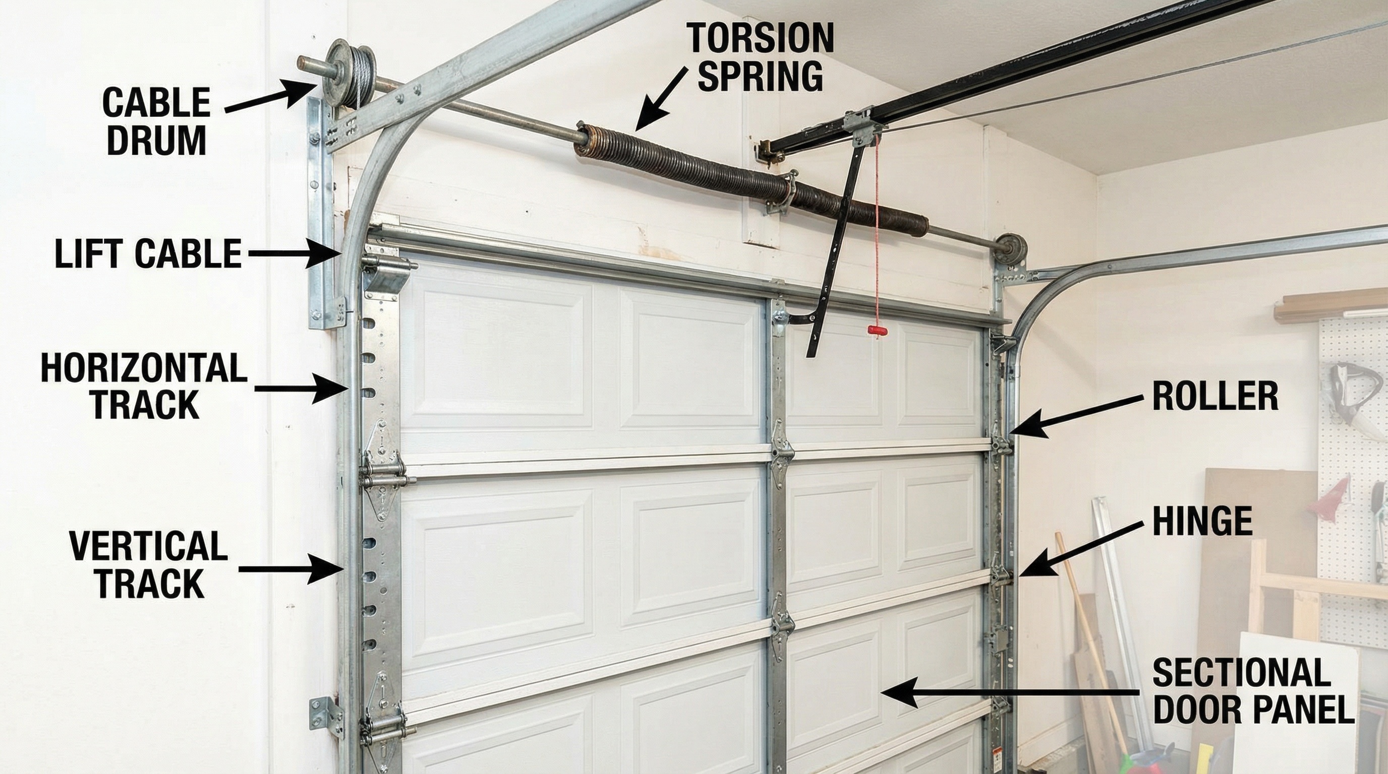 Detailed diagram showing garage door components including springs, cables, rollers and tracks