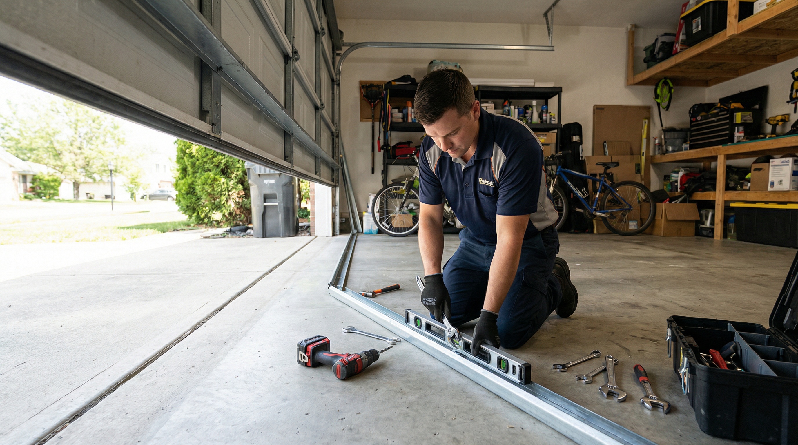 Professional garage door repair technician working with specialized tools and safety equipment