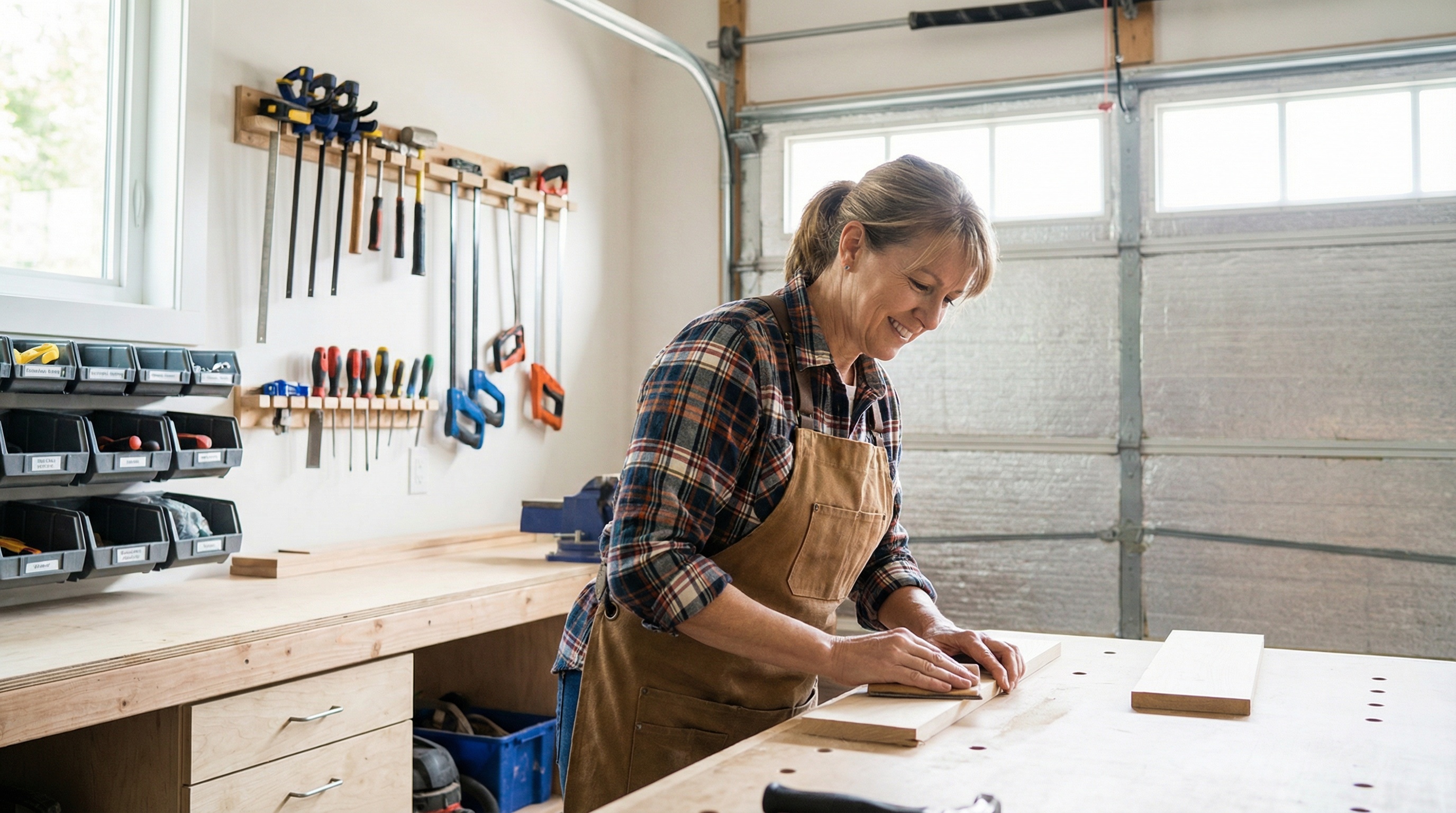 Philadelphia homeowner working comfortably in garage workshop with insulated door