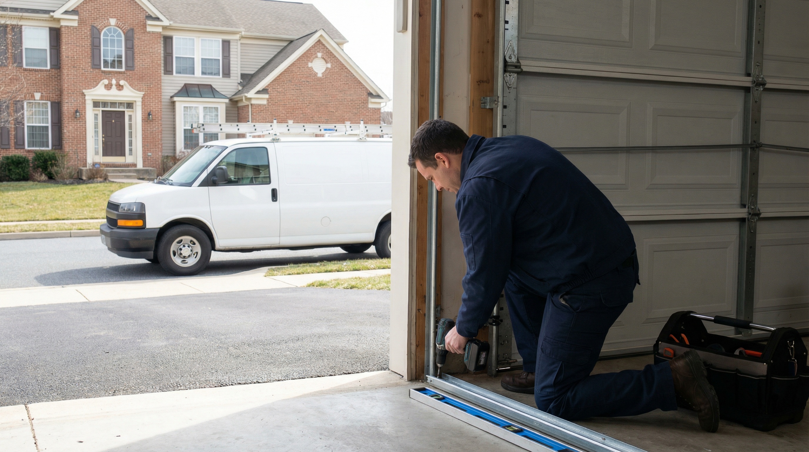 Professional technician working on garage door installation in King of Prussia with specialized tools and equipment