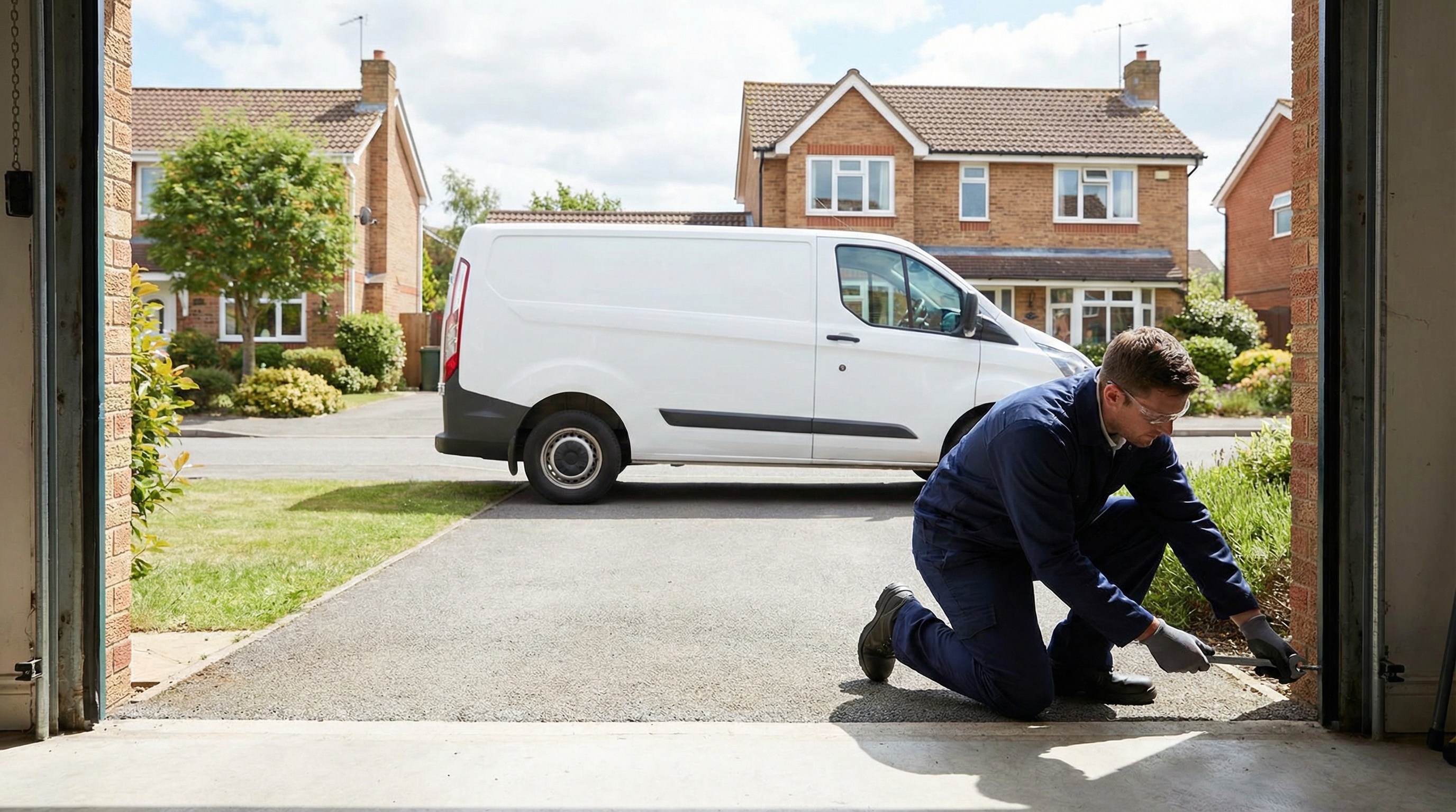 Professional technician performing maintenance on garage door system
