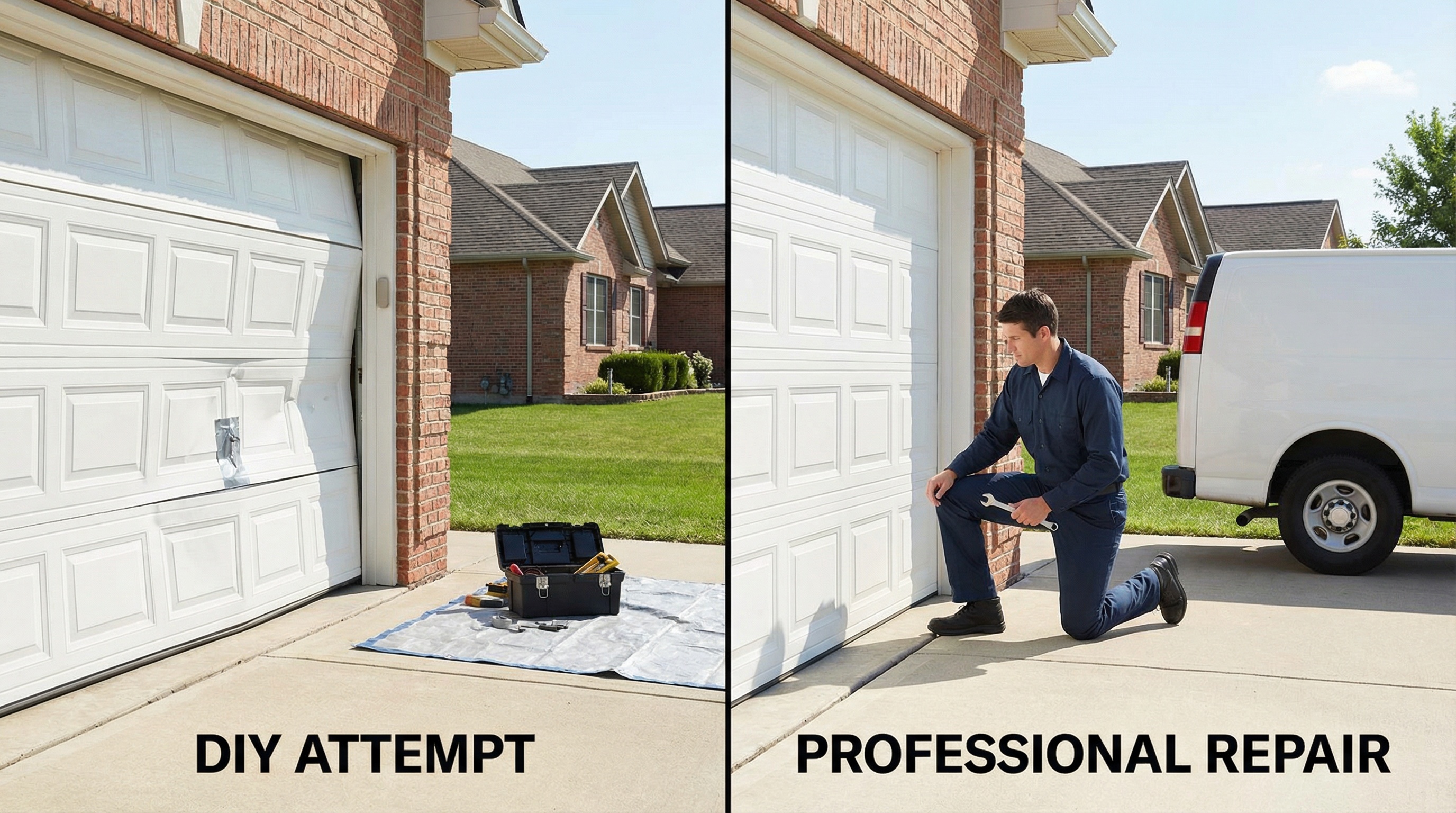 Comparison showing damaged garage door from DIY repair attempt versus professional repair