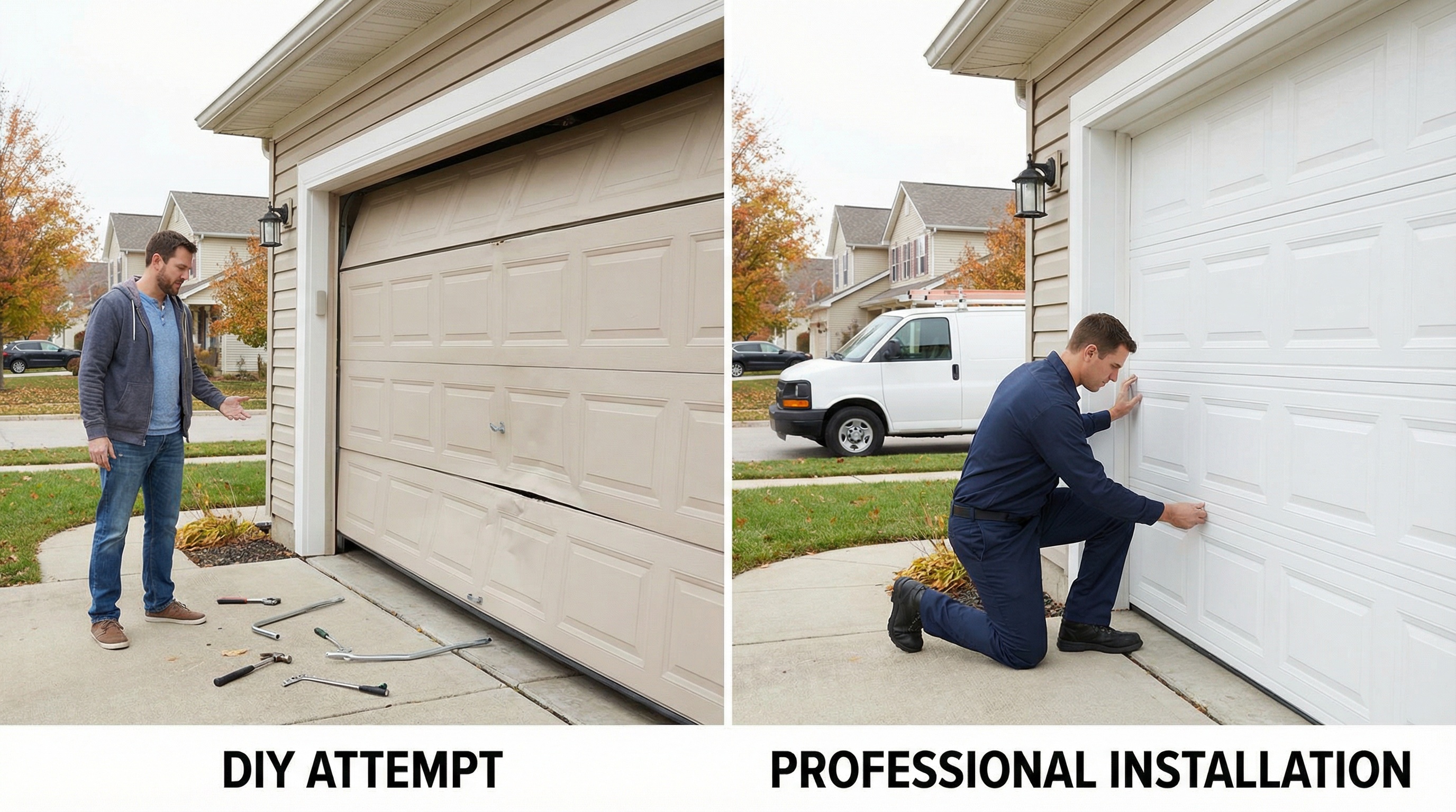 Comparison showing damaged garage door from DIY attempt versus professional installation