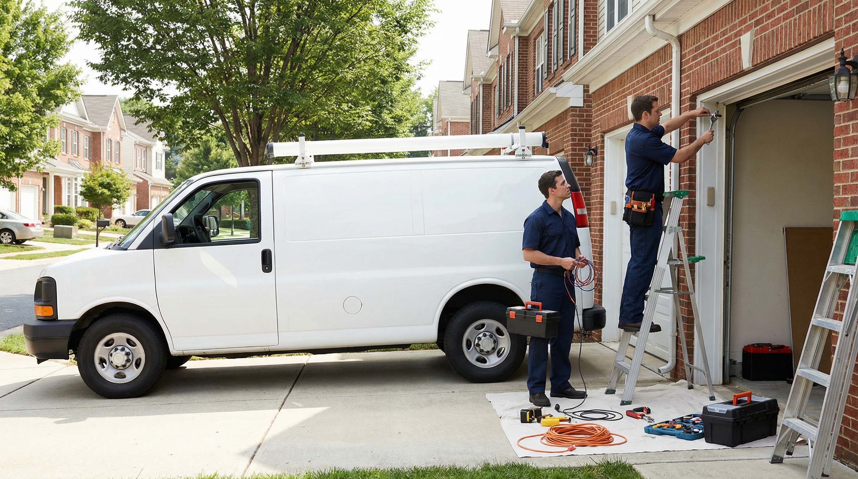 Professional garage door service truck with technicians and proper equipment in Philadelphia neighborhood