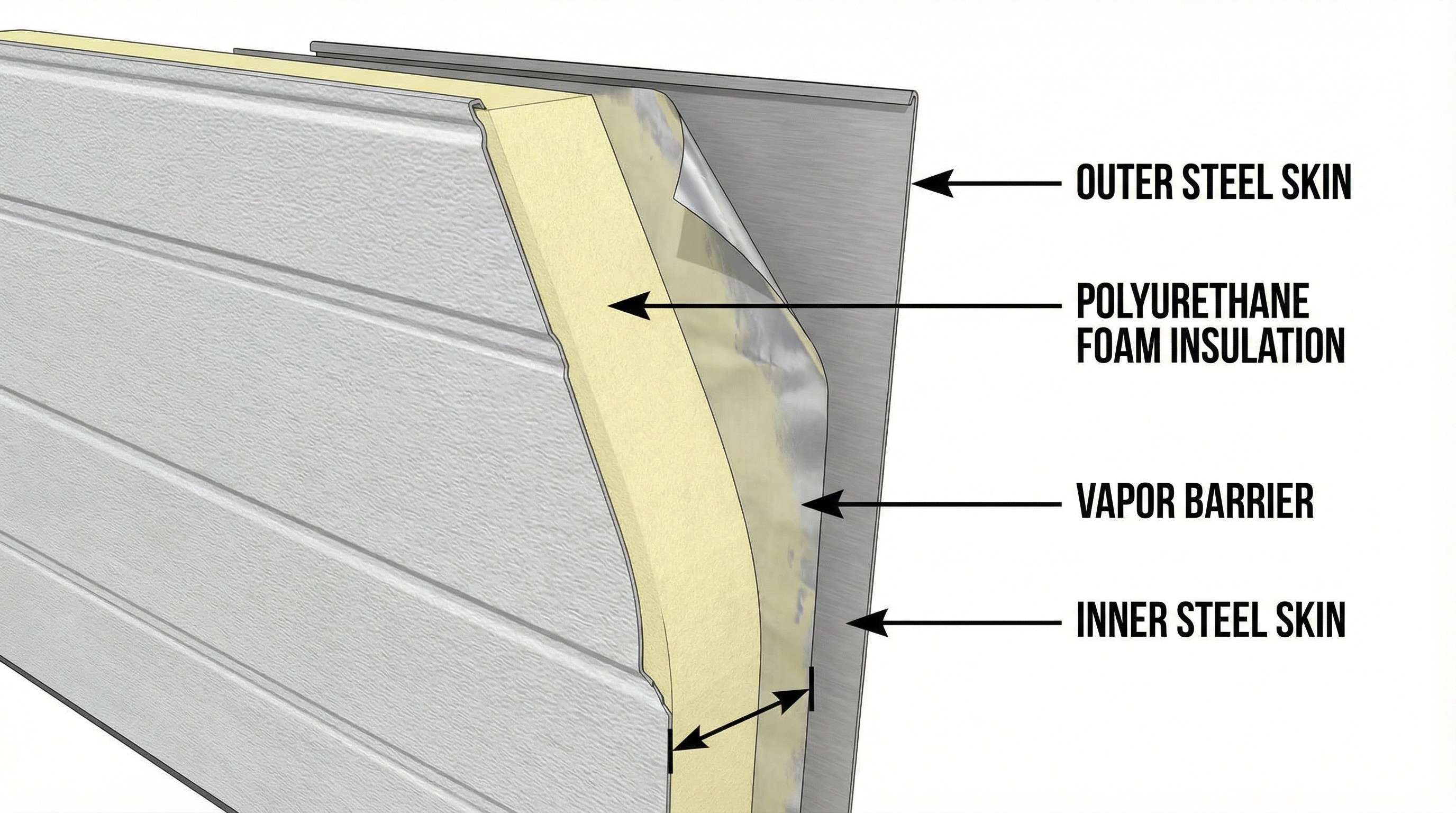 cross-section view of insulated garage door showing layers