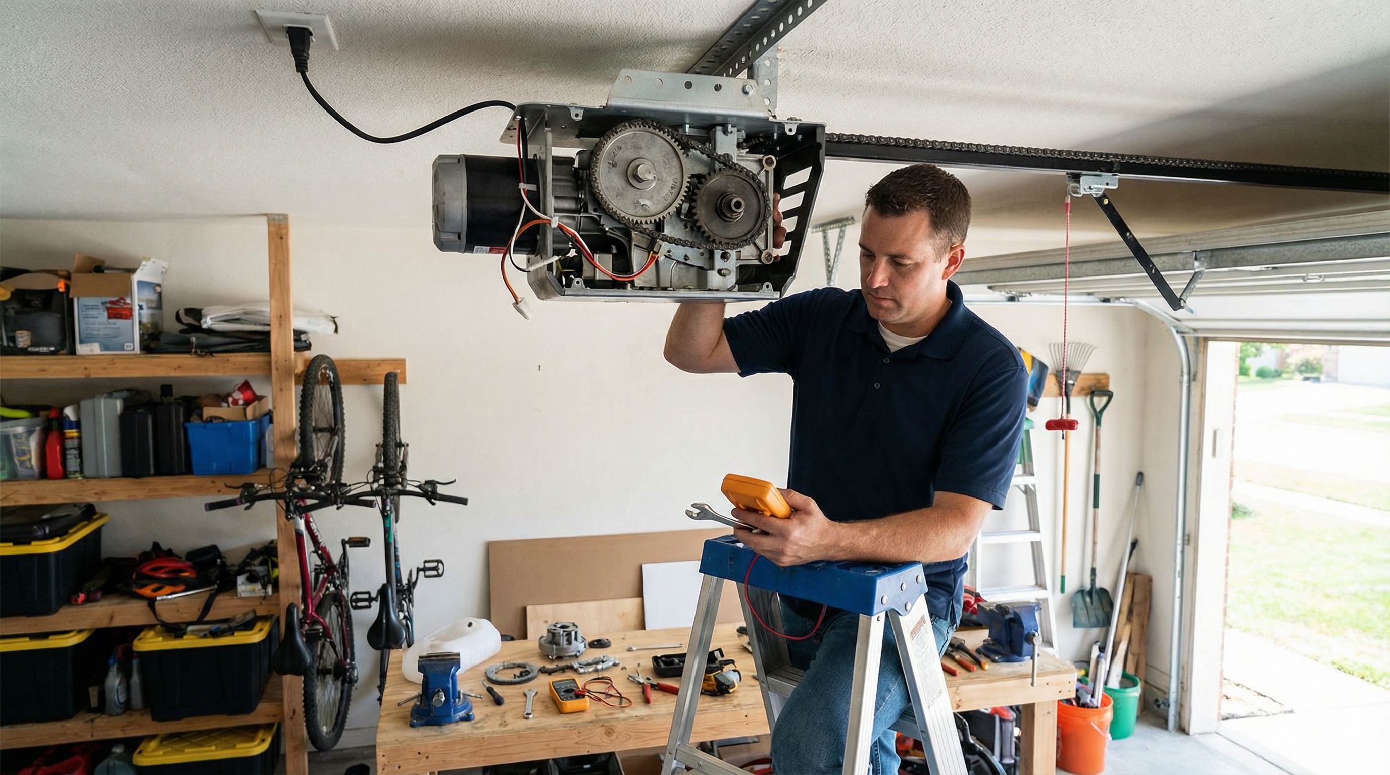Garage door opener motor and components being repaired
