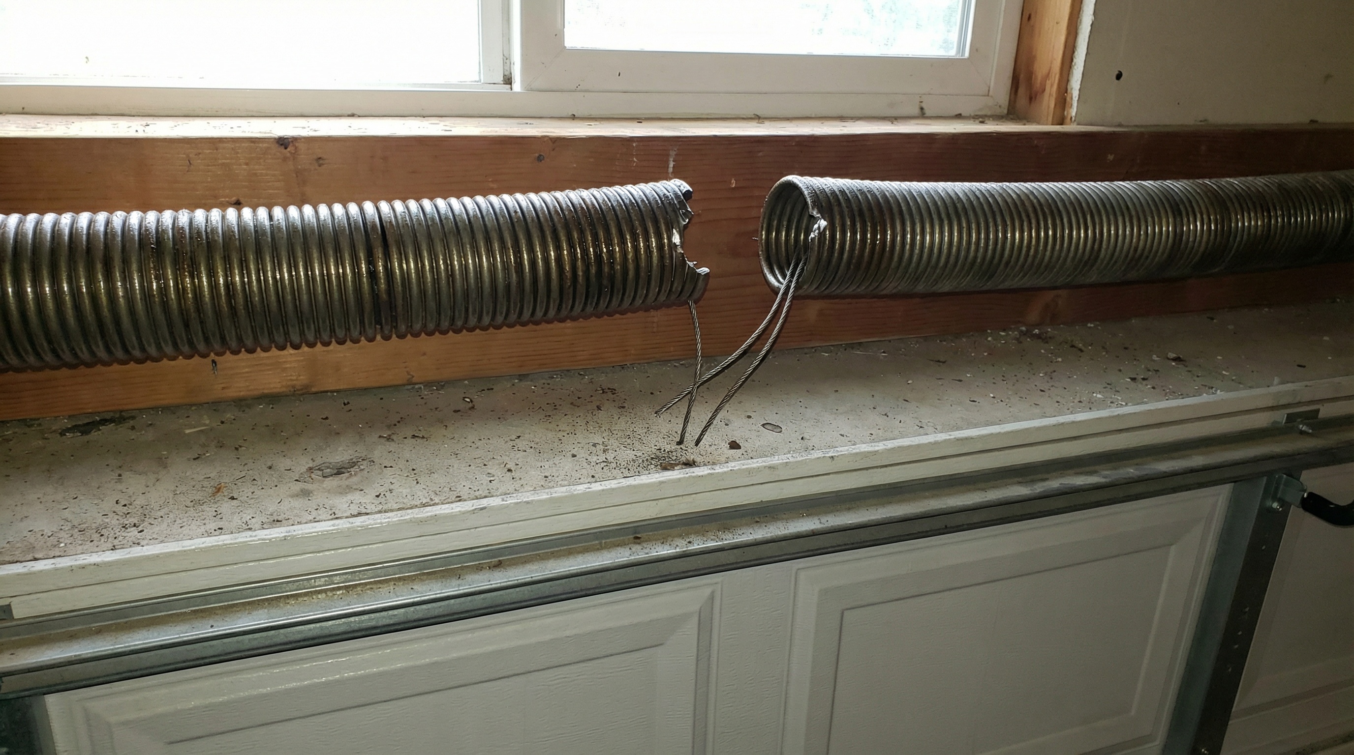 Broken garage door spring showing visible damage