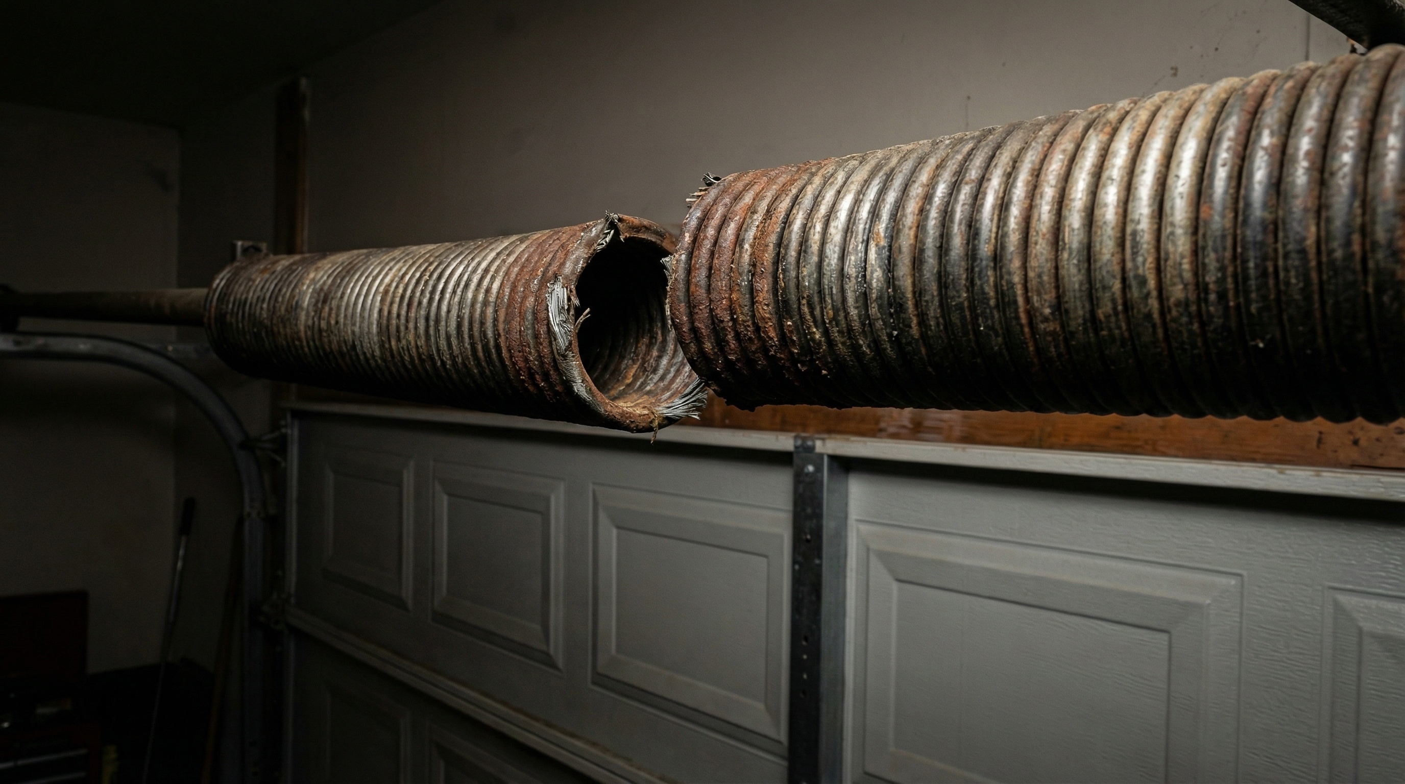 Broken garage door spring showing wear and damage in Upper Darby