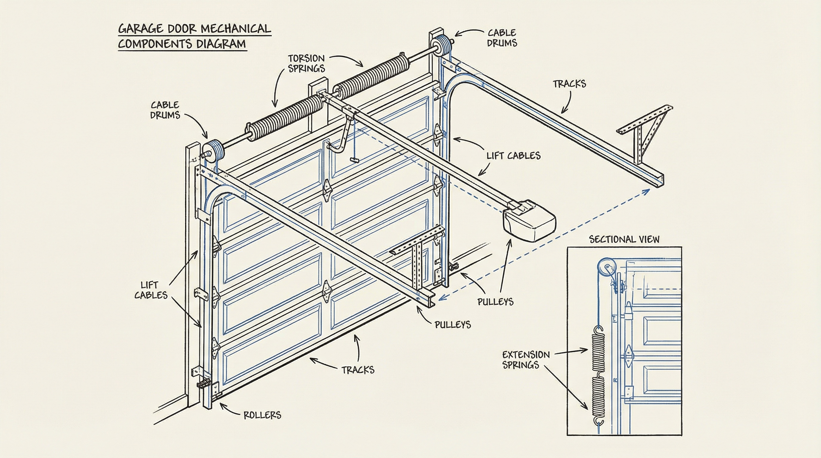 Garage door components diagram showing springs and cables