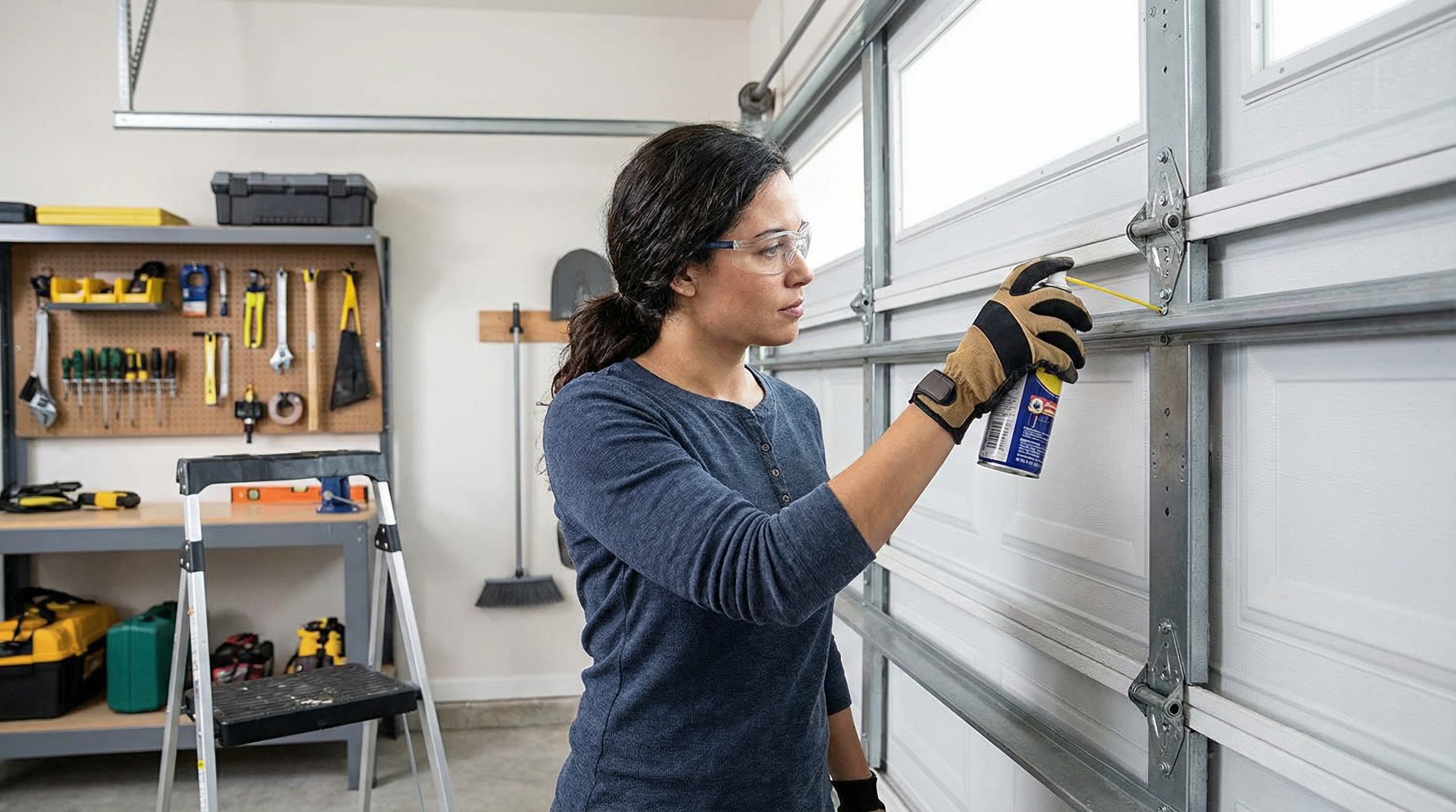 Homeowner safely lubricating garage door hinges
