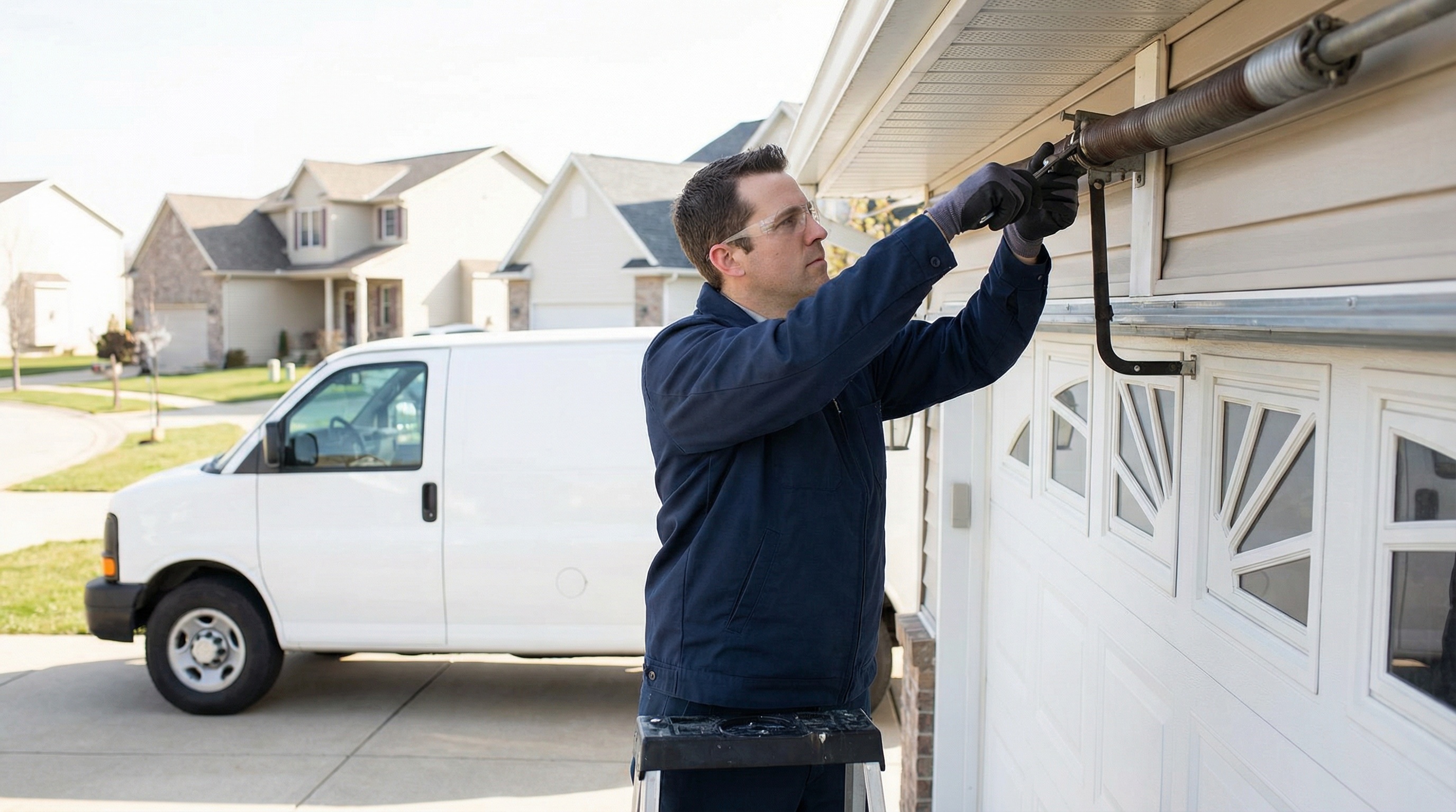 Garage Door Technician Performing Spring Replacement With Safety Equipment