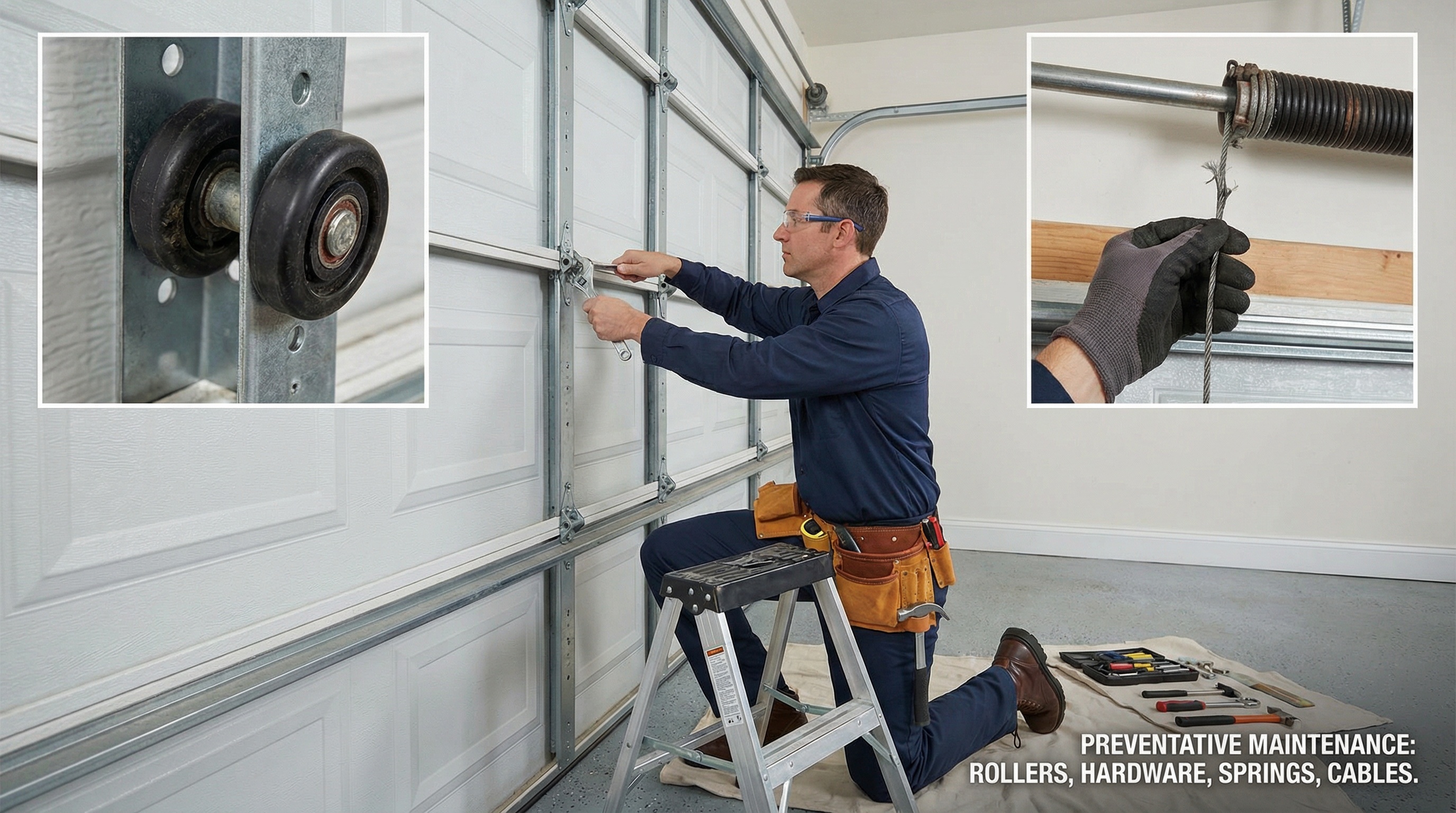 Examples of minor garage door repairs including worn rollers, springs, and cables being serviced by a professional technician
