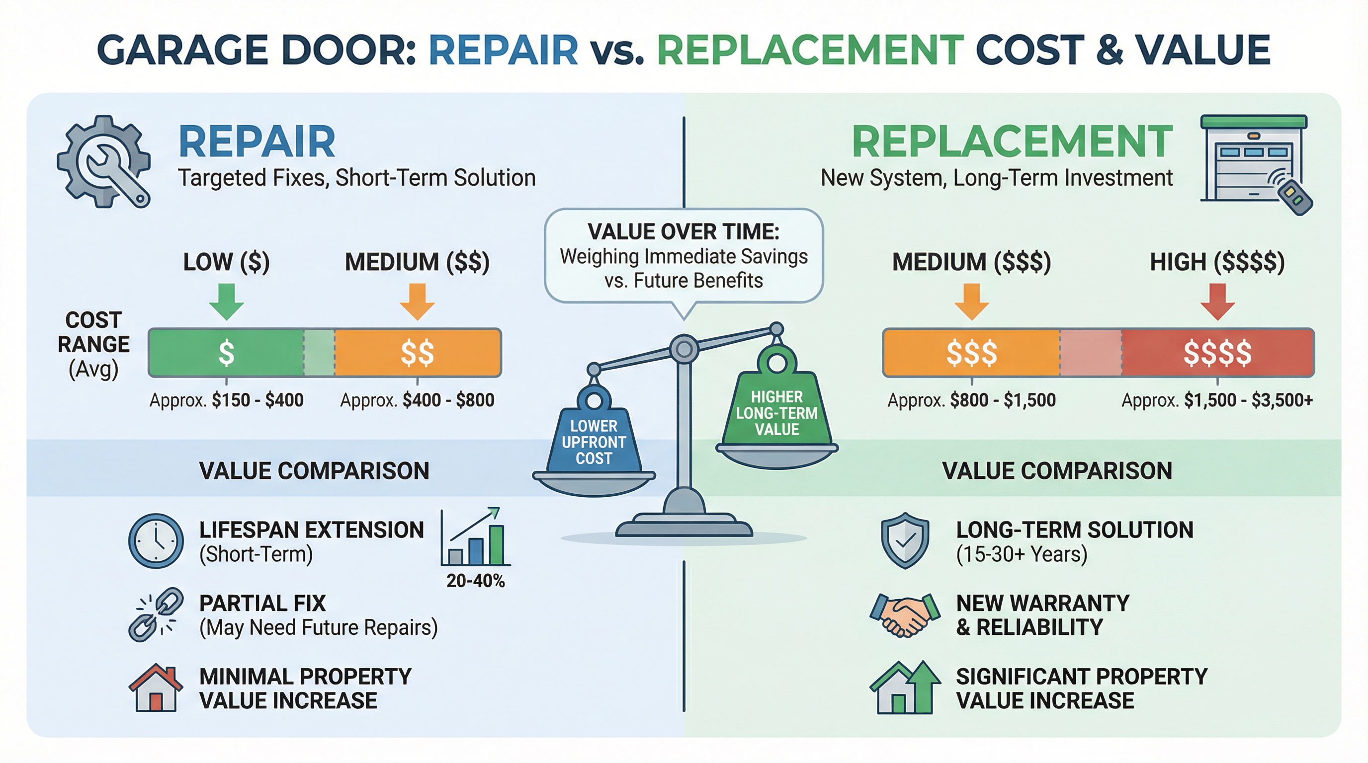 Cost comparison chart showing pricing ranges for garage door repair versus replacement options