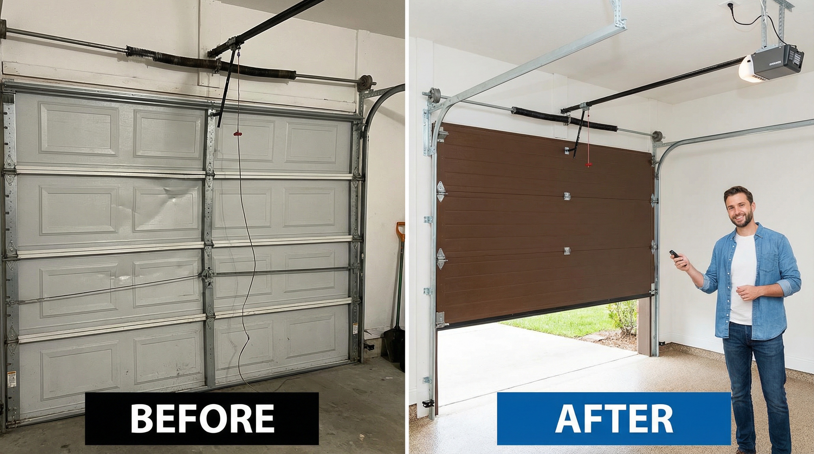 Before and after comparison showing a properly repaired garage door operating smoothly