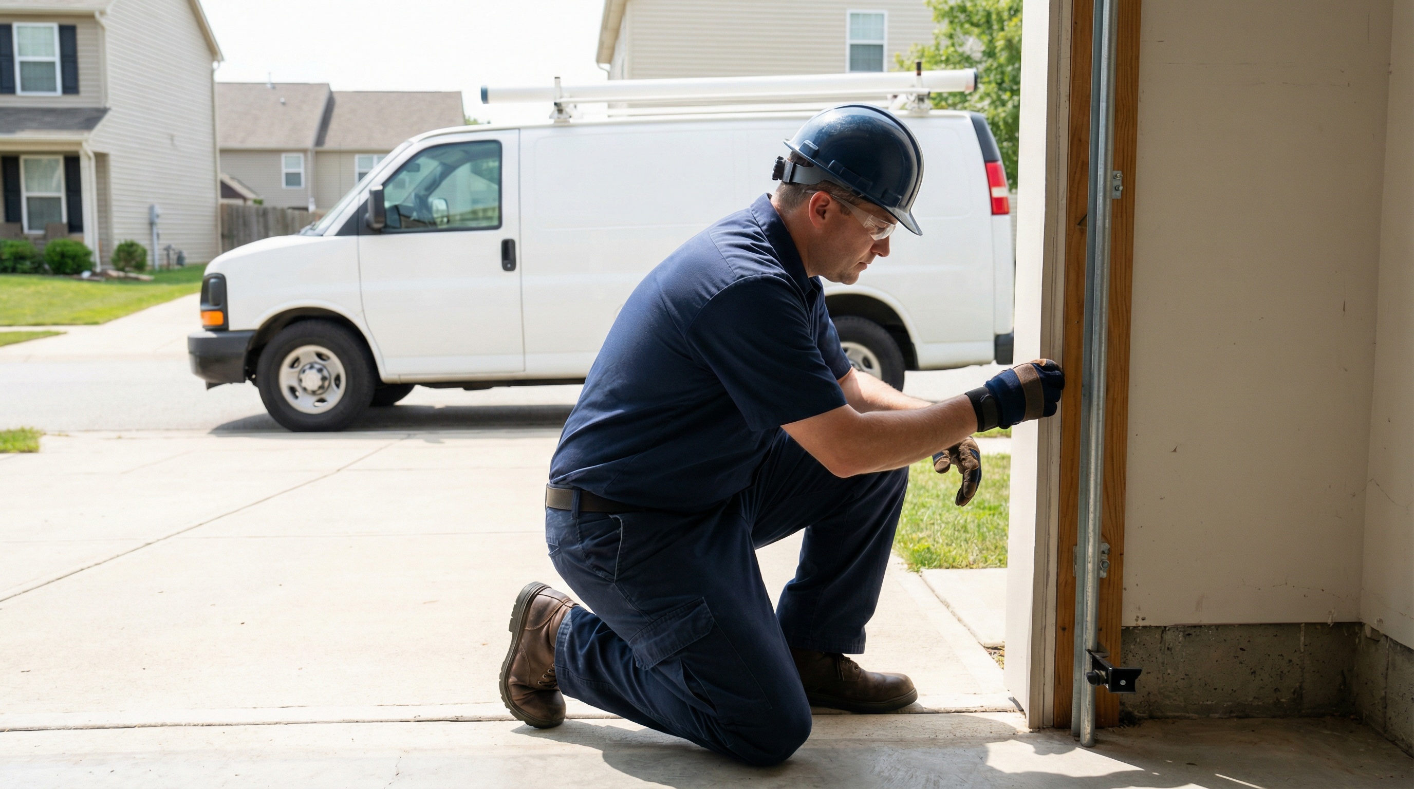 Professional garage door installation technician with safety equipment