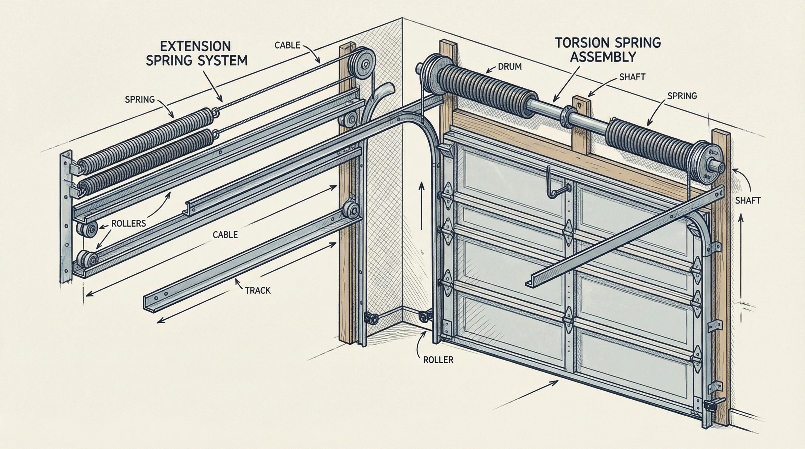 Garage door components diagram showing springs, tracks, and cables