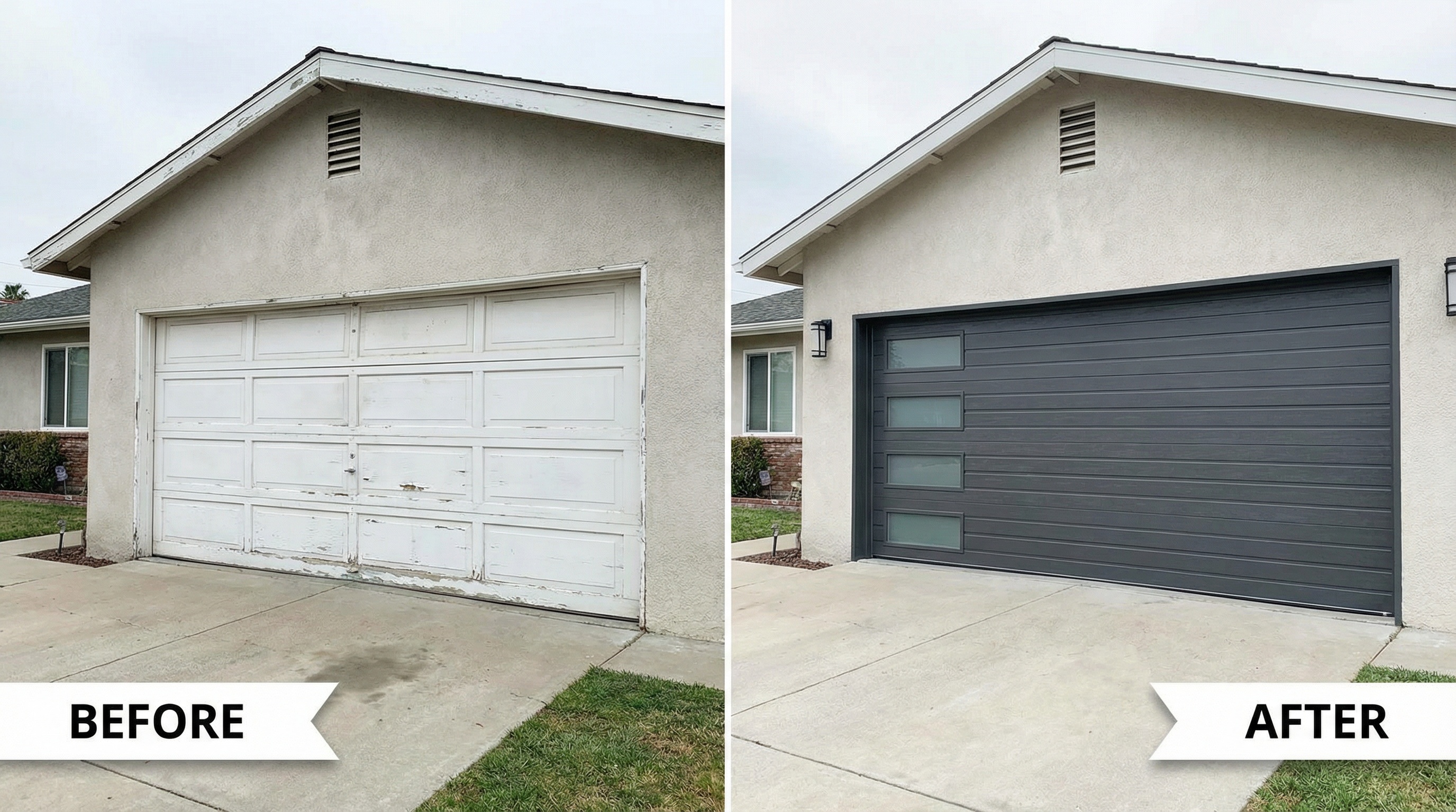 before and after garage door replacement showing modern insulated door