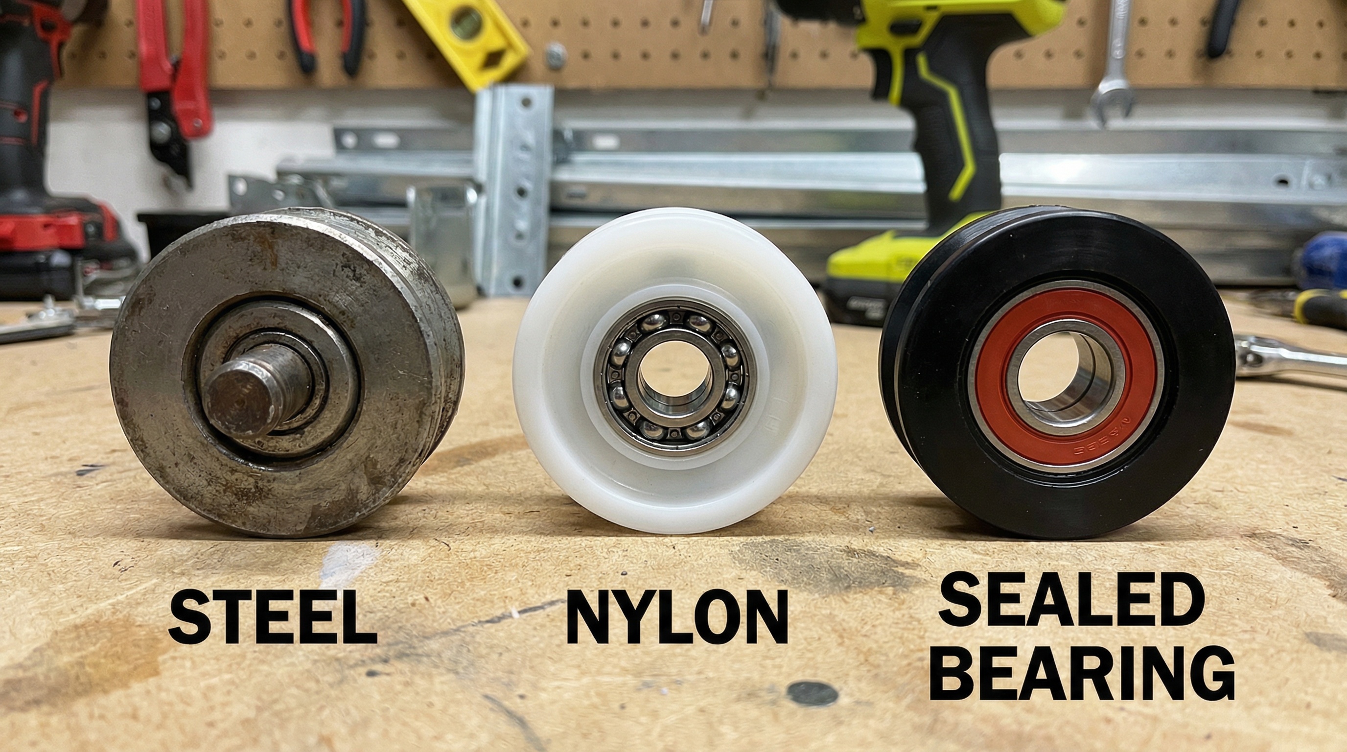 Comparison of garage door roller types - steel, nylon, and sealed bearing