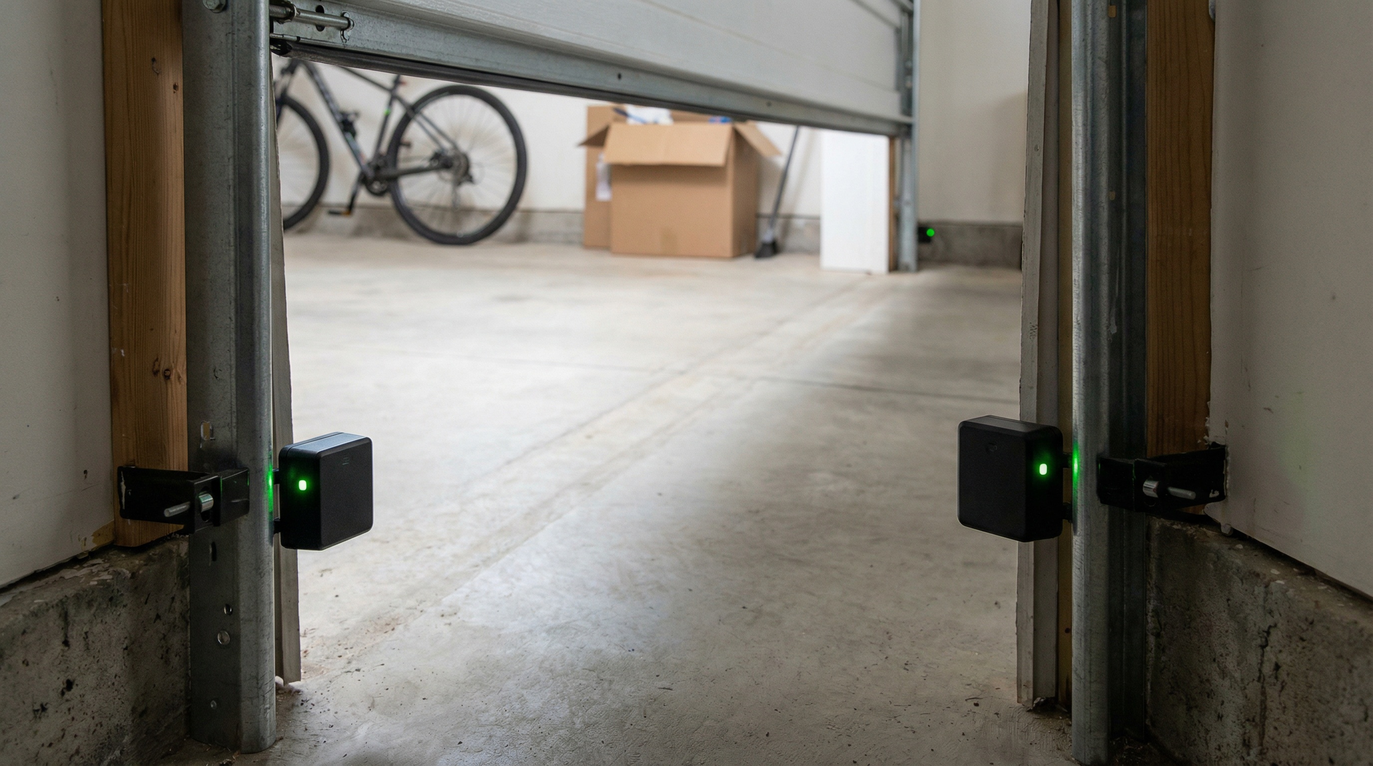 Garage door safety sensors properly aligned at the bottom of door frame
