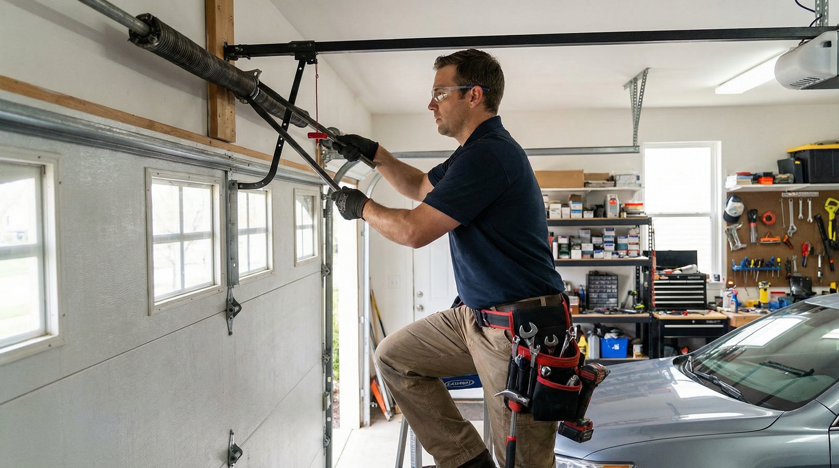 Garage door technician repairing springs in Upper Darby