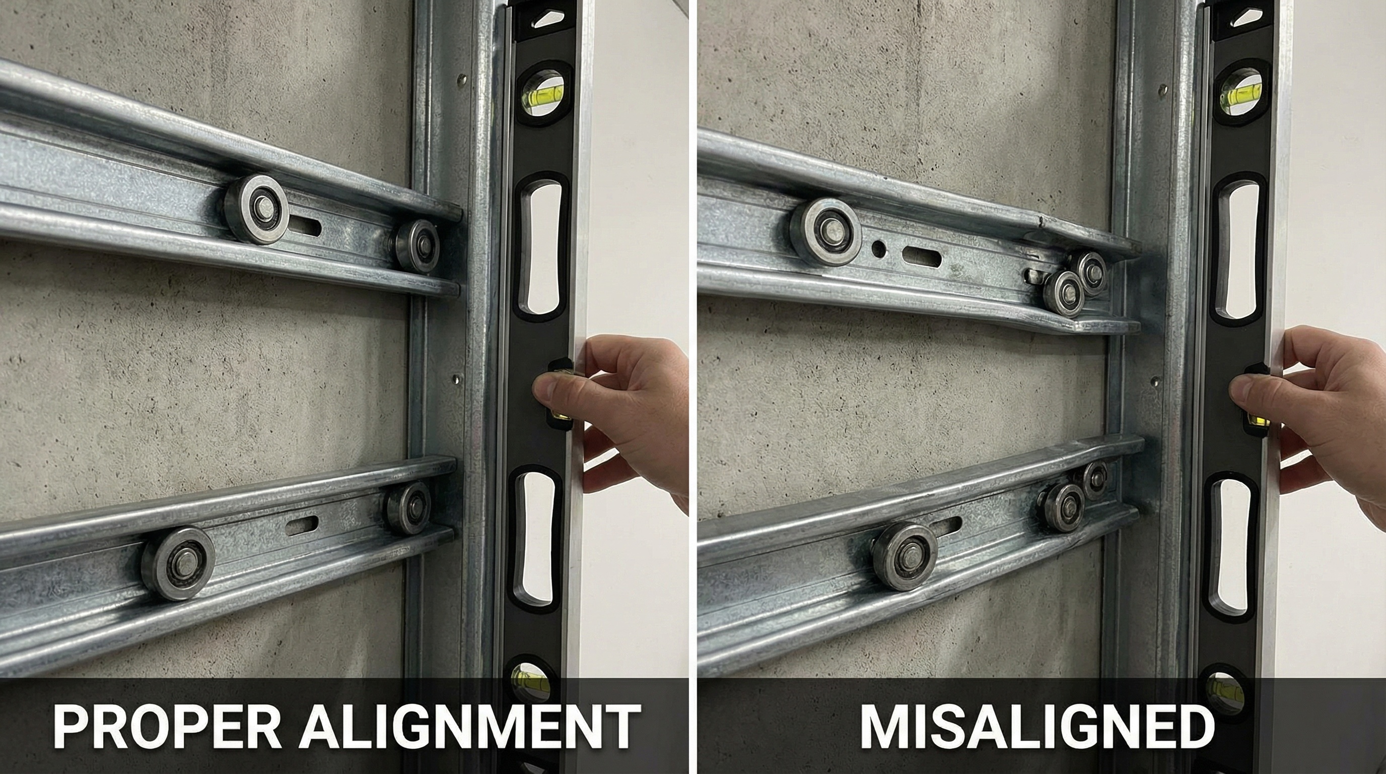 close-up view of garage door tracks showing proper alignment versus misaligned tracks