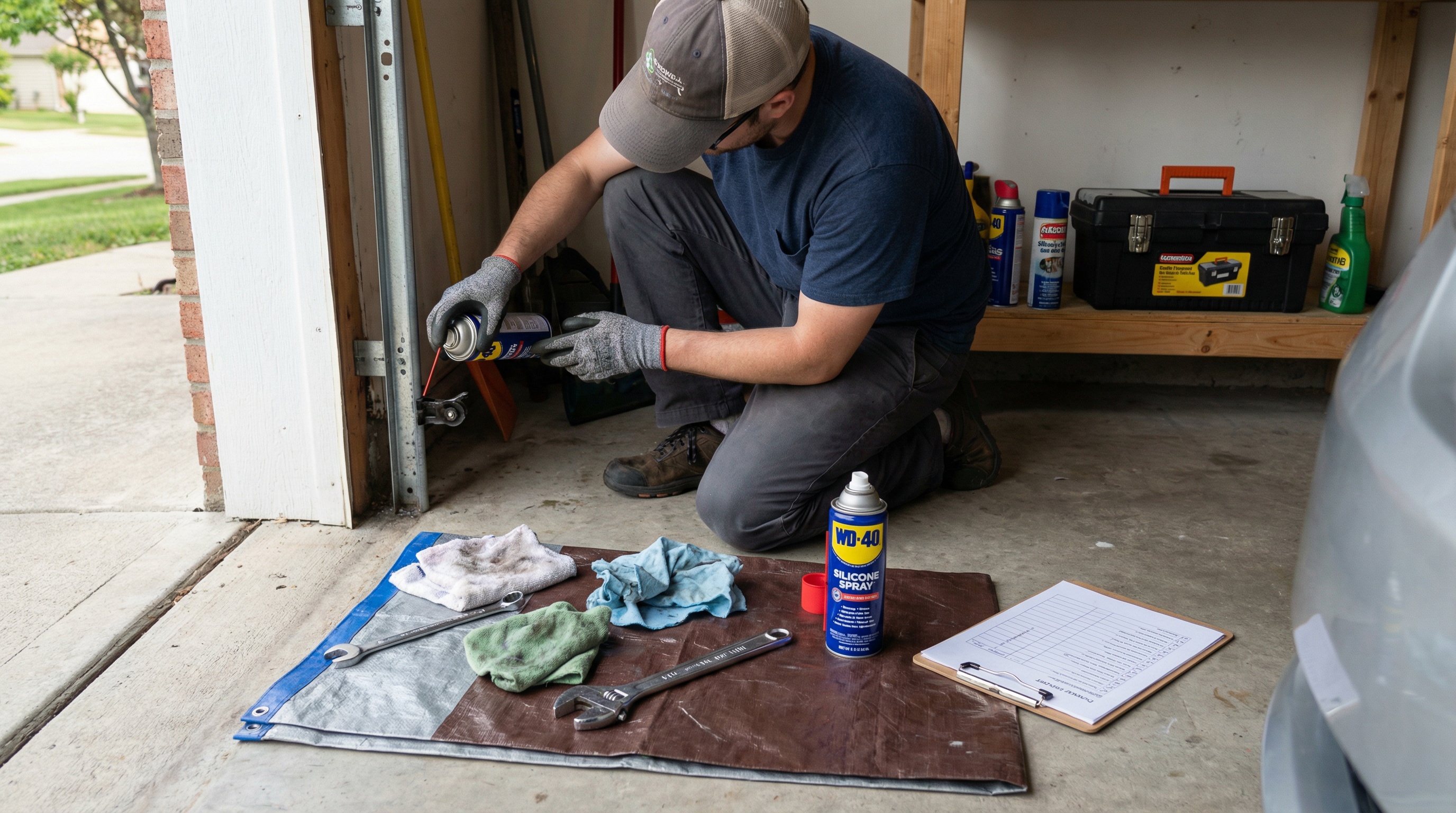 garage door maintenance checklist being performed by homeowner with basic tools