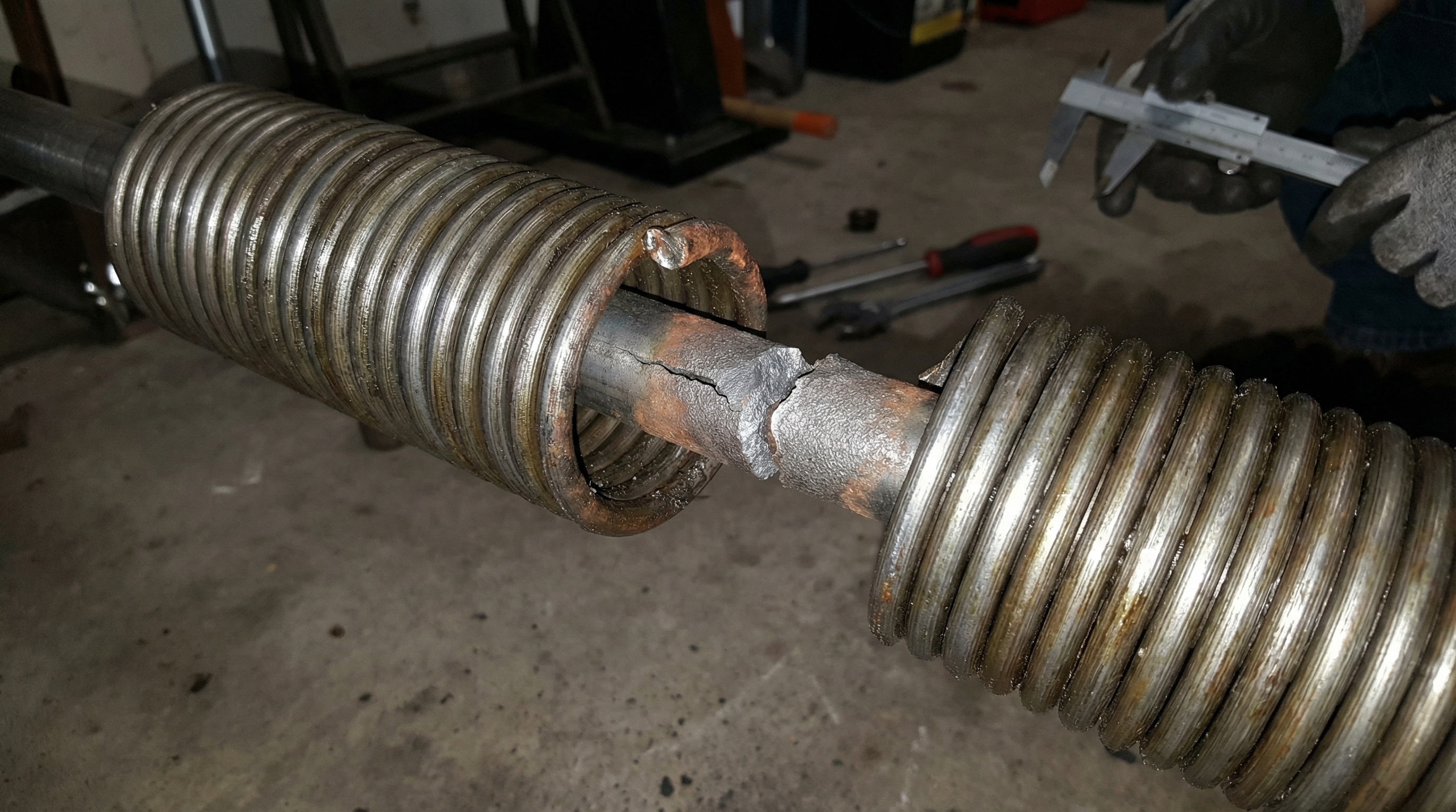 Close-up of broken garage door spring in Wayne