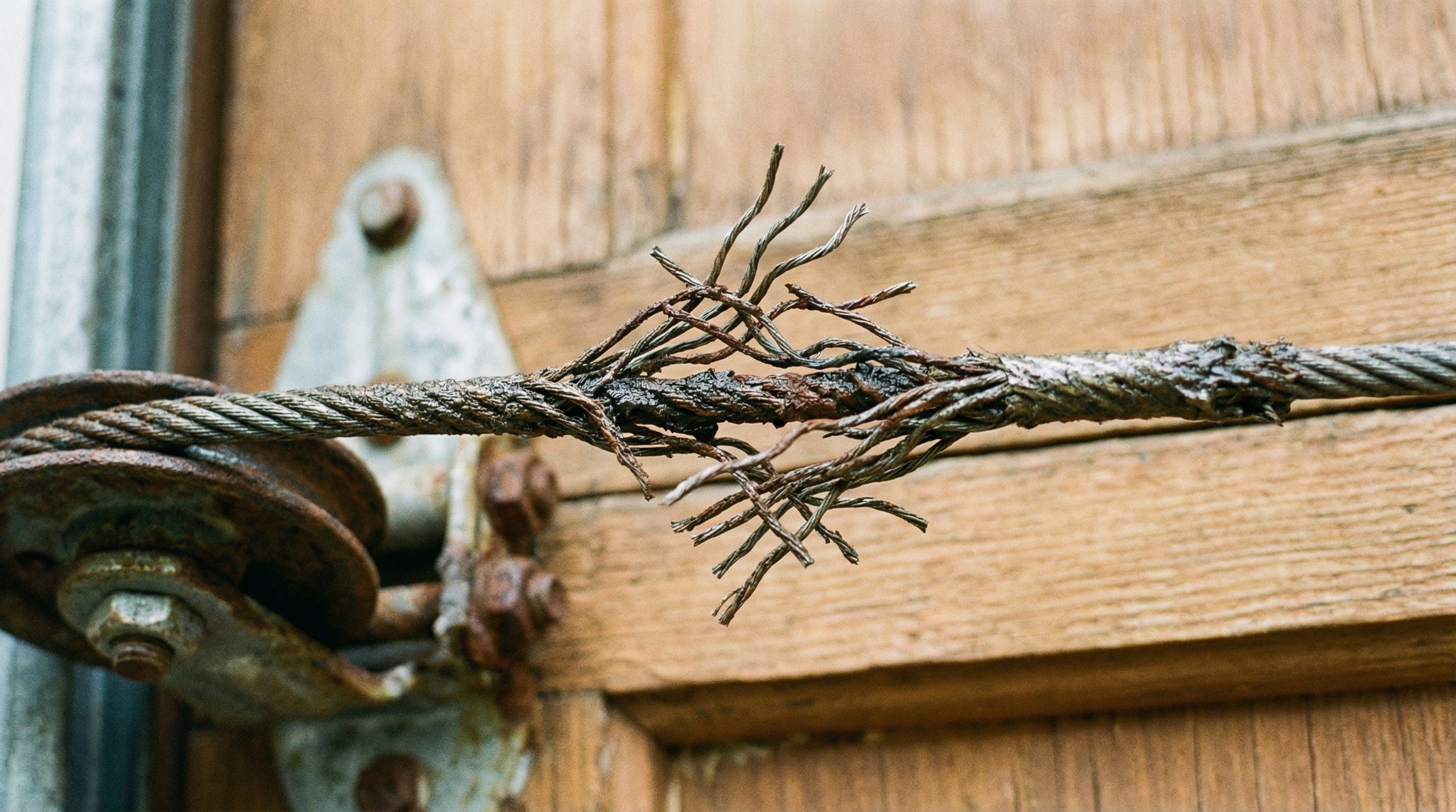 Close-up of frayed garage door cable
