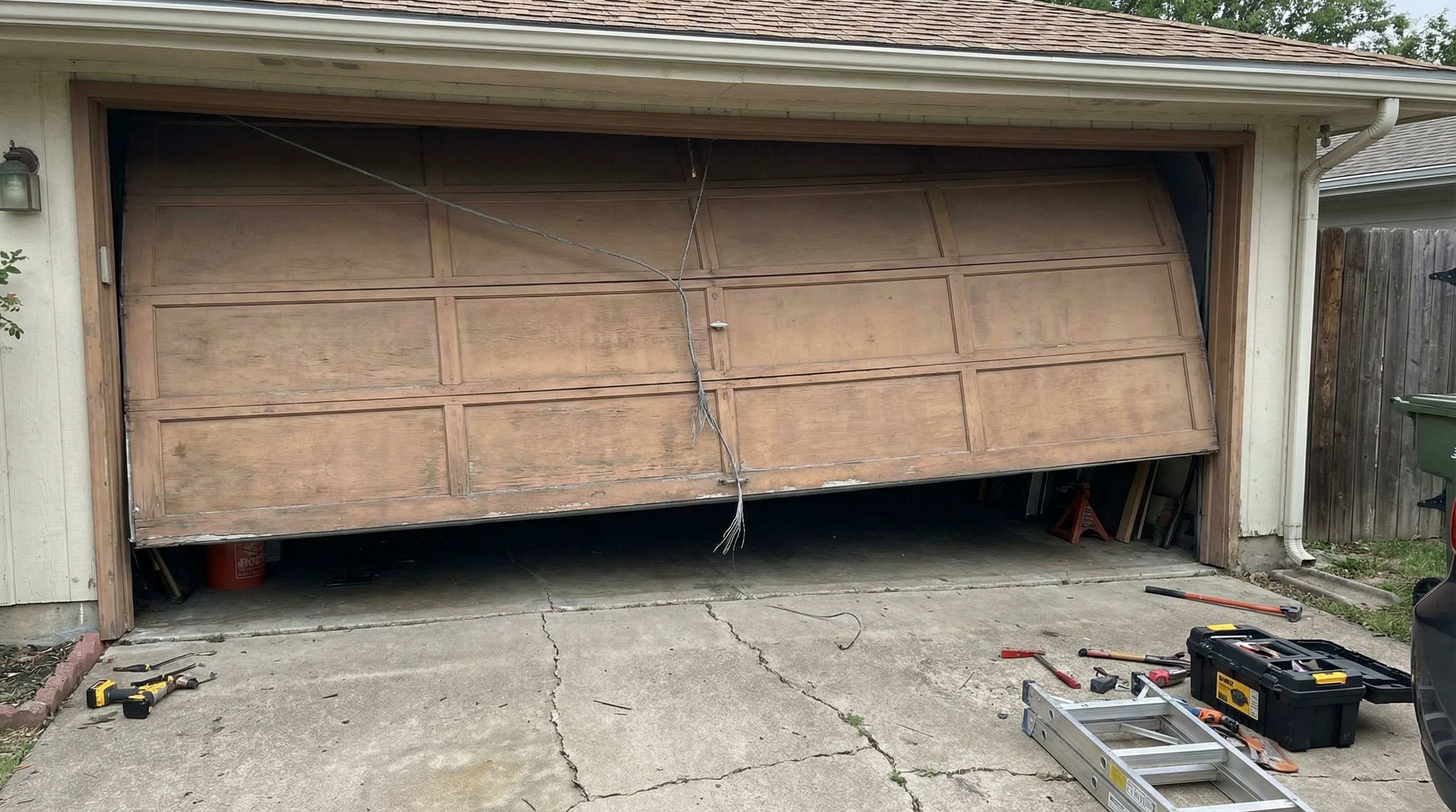 Tilted garage door due to broken cable requiring repair in Philadelphia