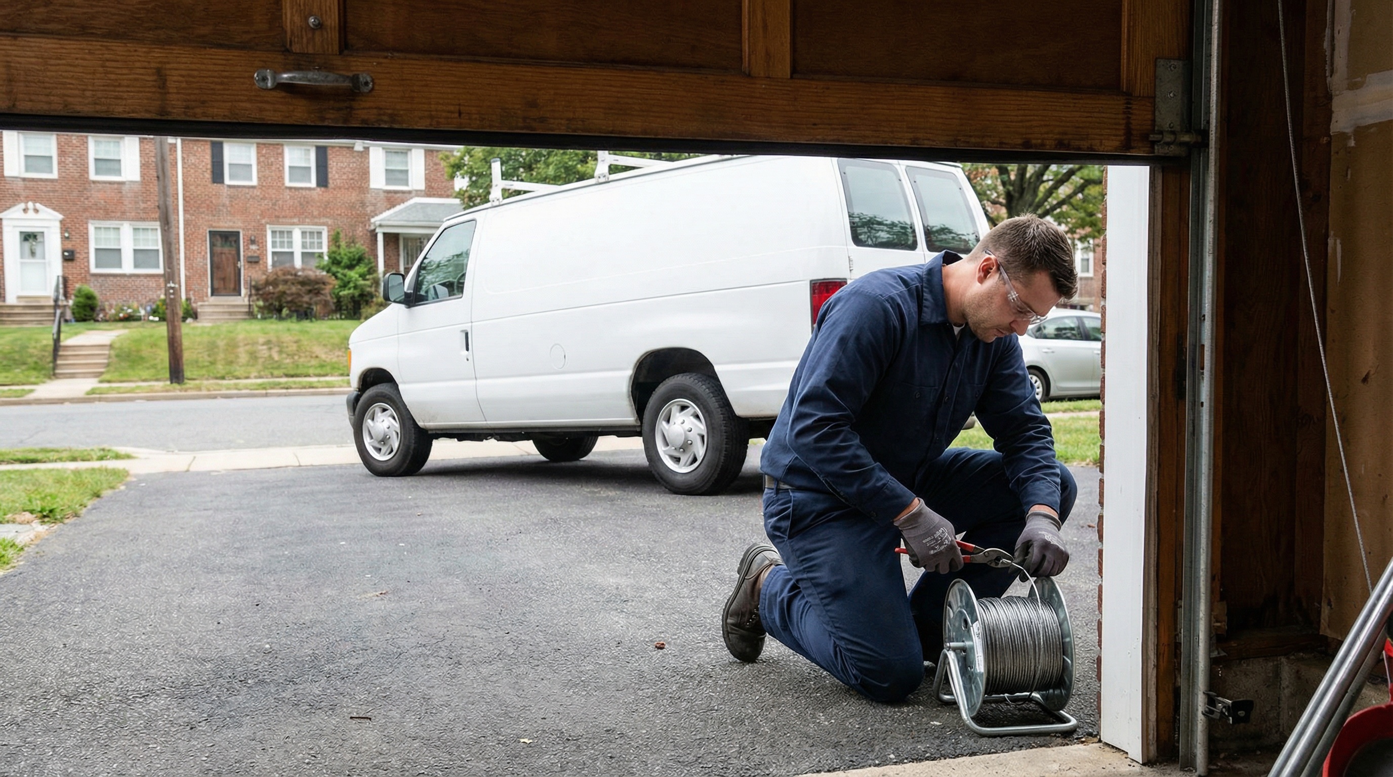 Professional technician repairing garage door cable in Philadelphia