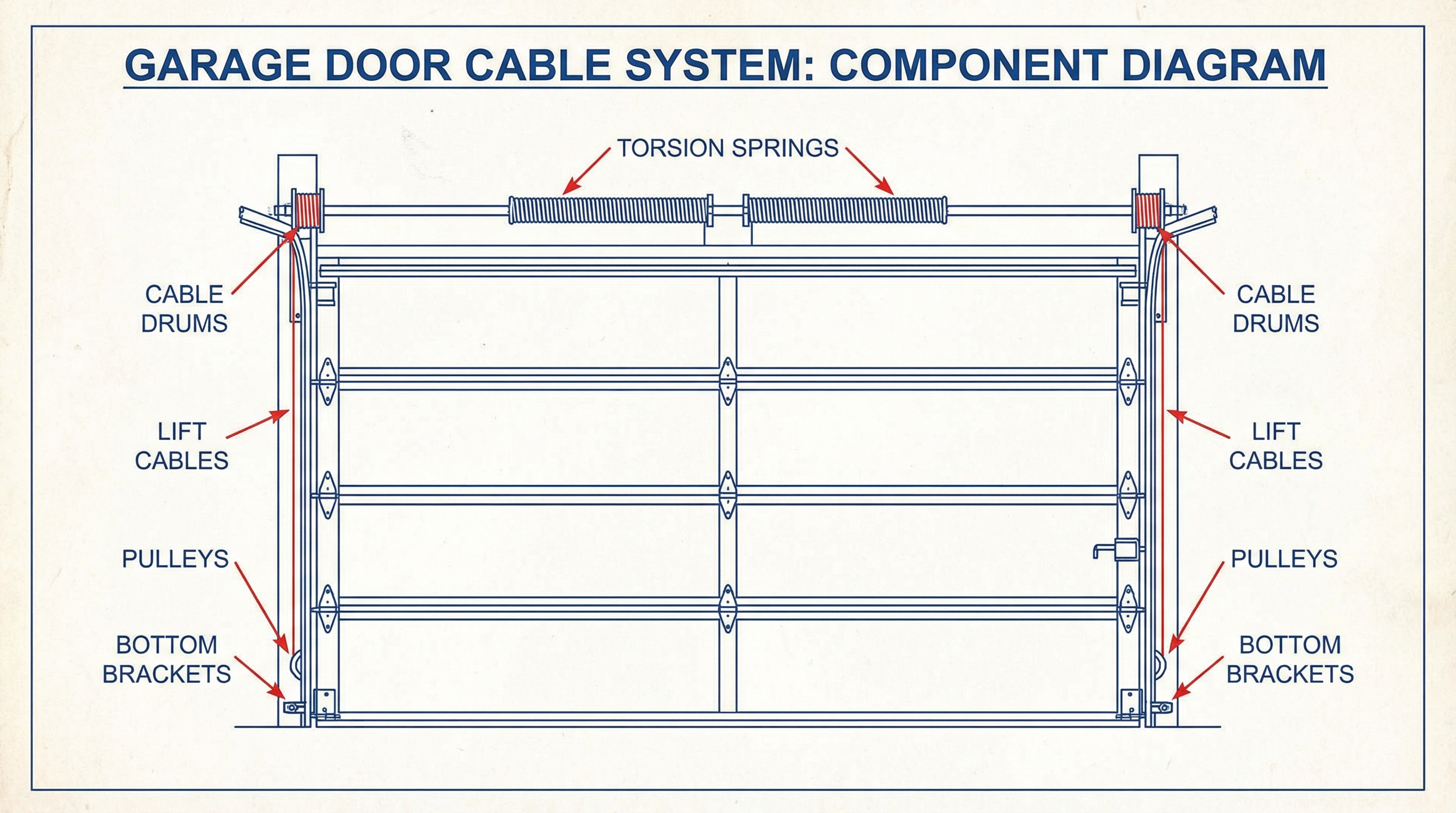 Garage door cable system diagram showing components and mechanism
