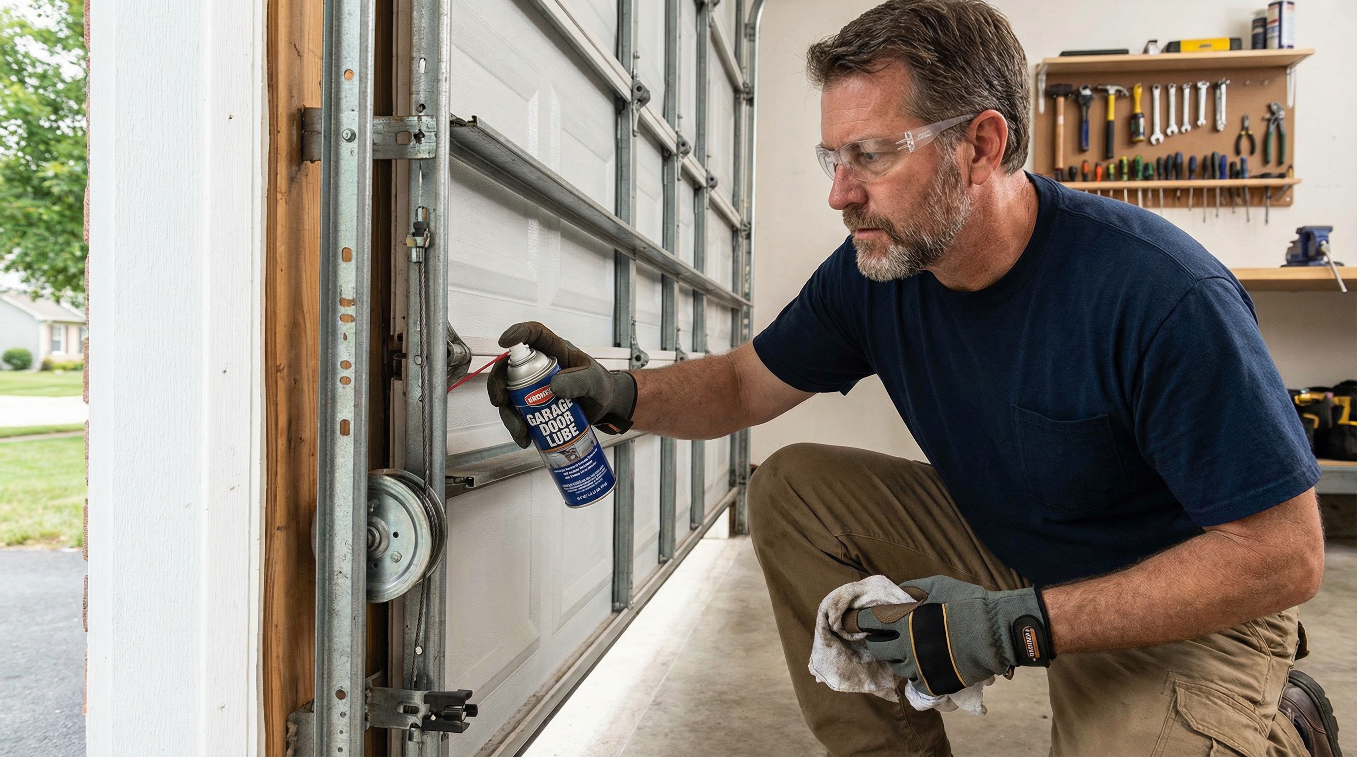 Person performing garage door maintenance and applying lubricant to cables