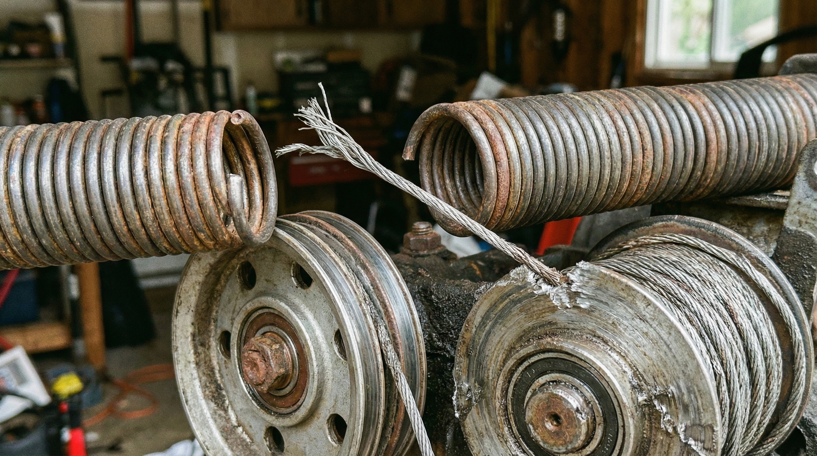 Close-up view of broken garage door spring and damaged cable showing worn mechanical components