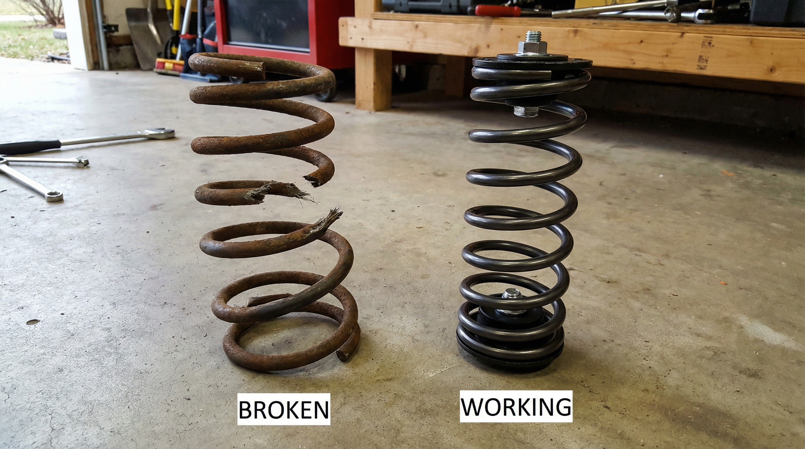 Garage door spring comparison showing broken versus working spring