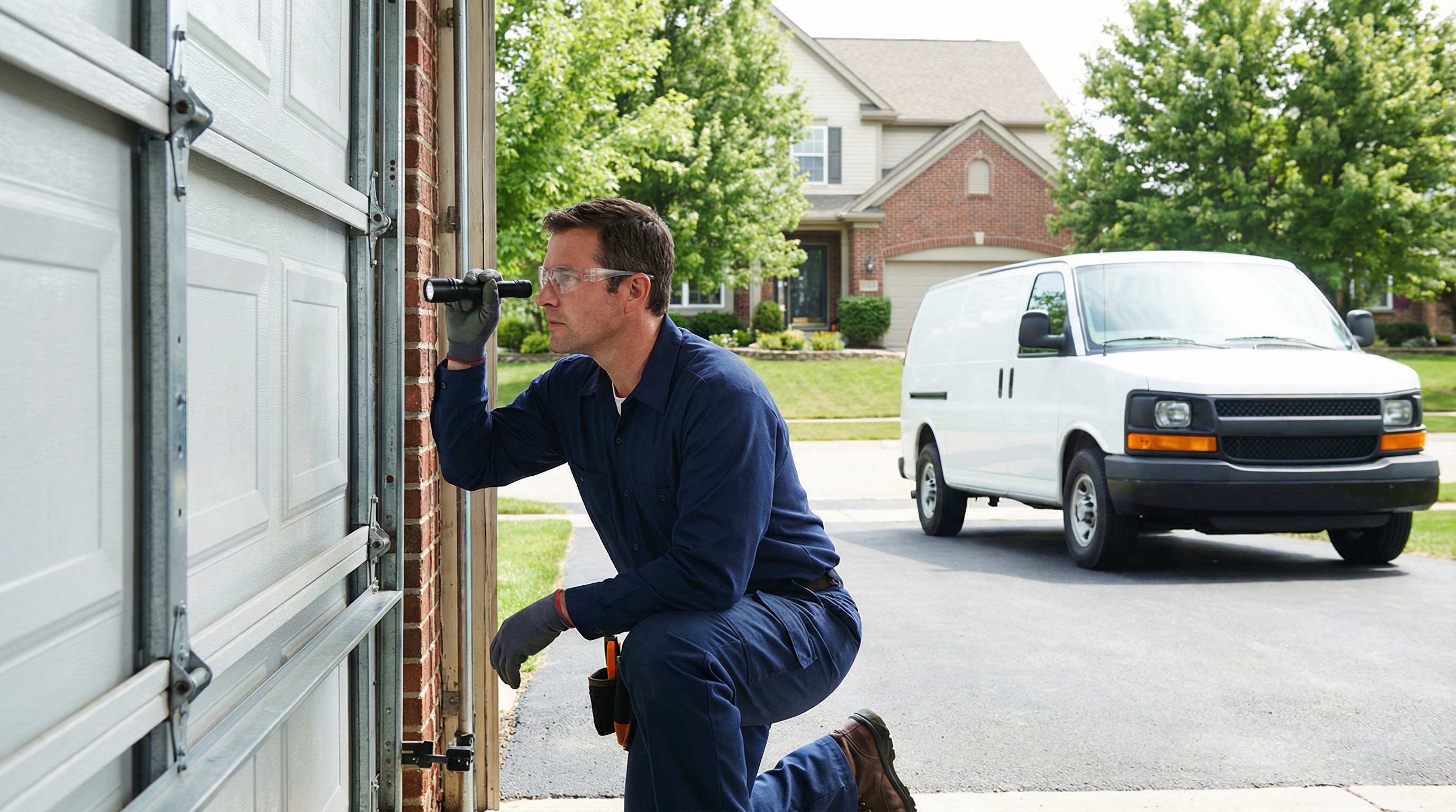 Garage door technician inspecting door tracks and rollers