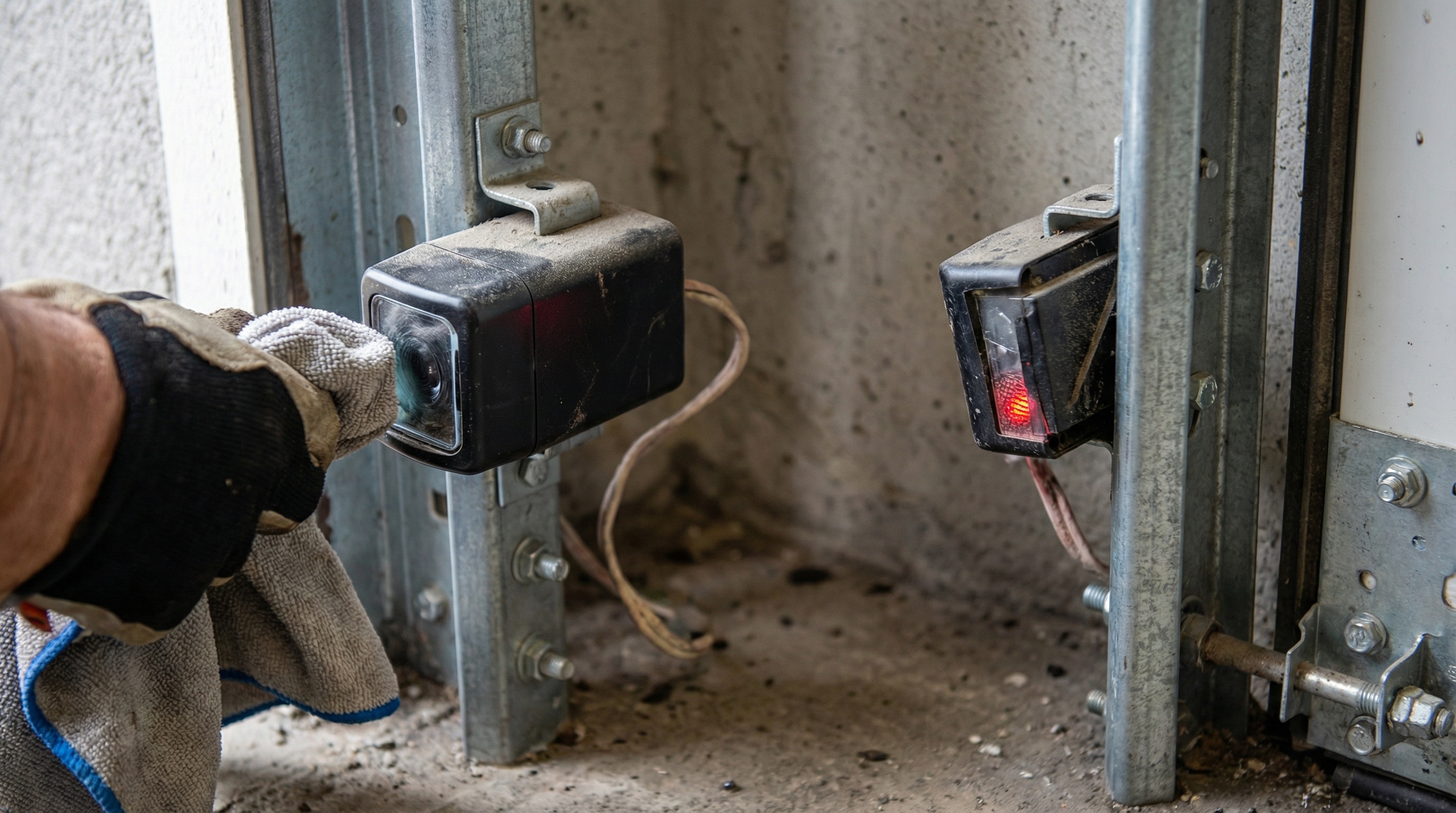 Garage door safety sensors being cleaned and realigned