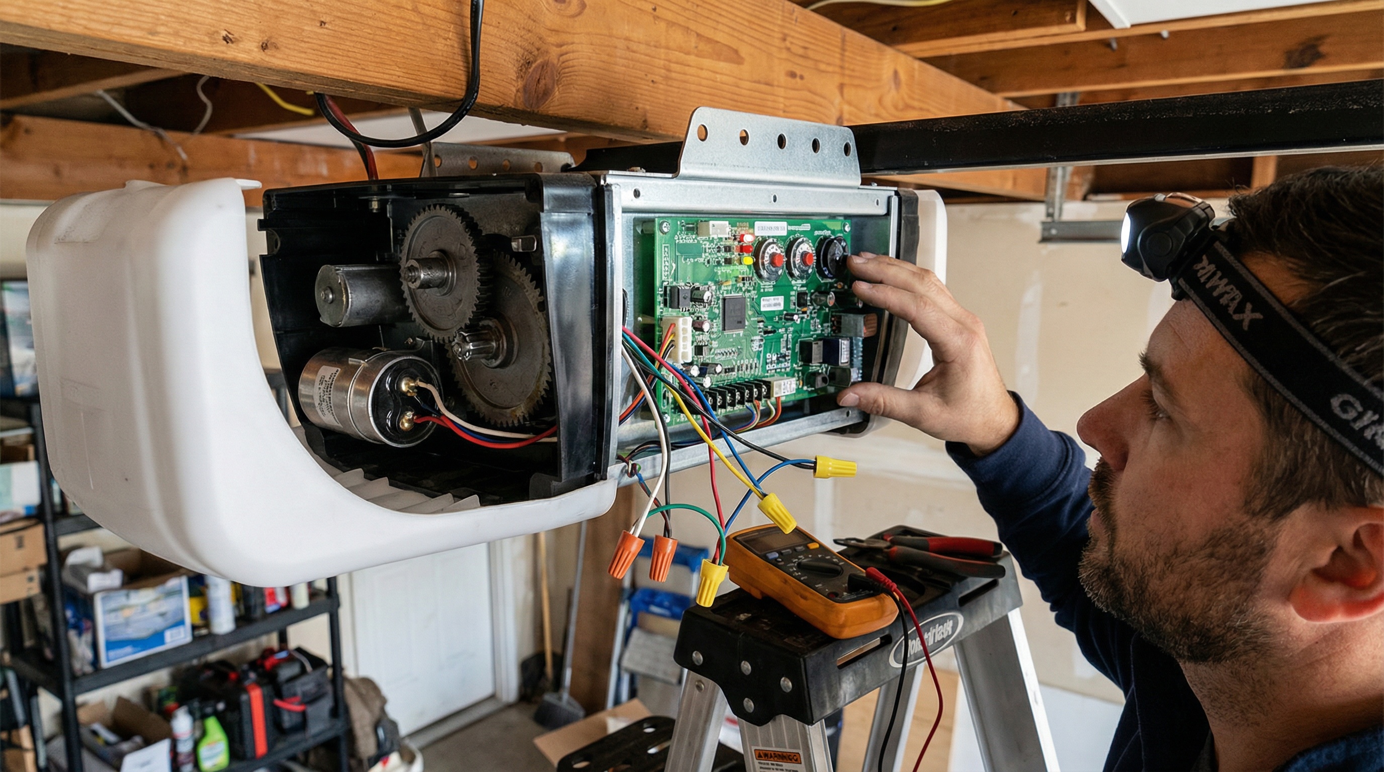 Garage door opener motor unit and electrical panel troubleshooting