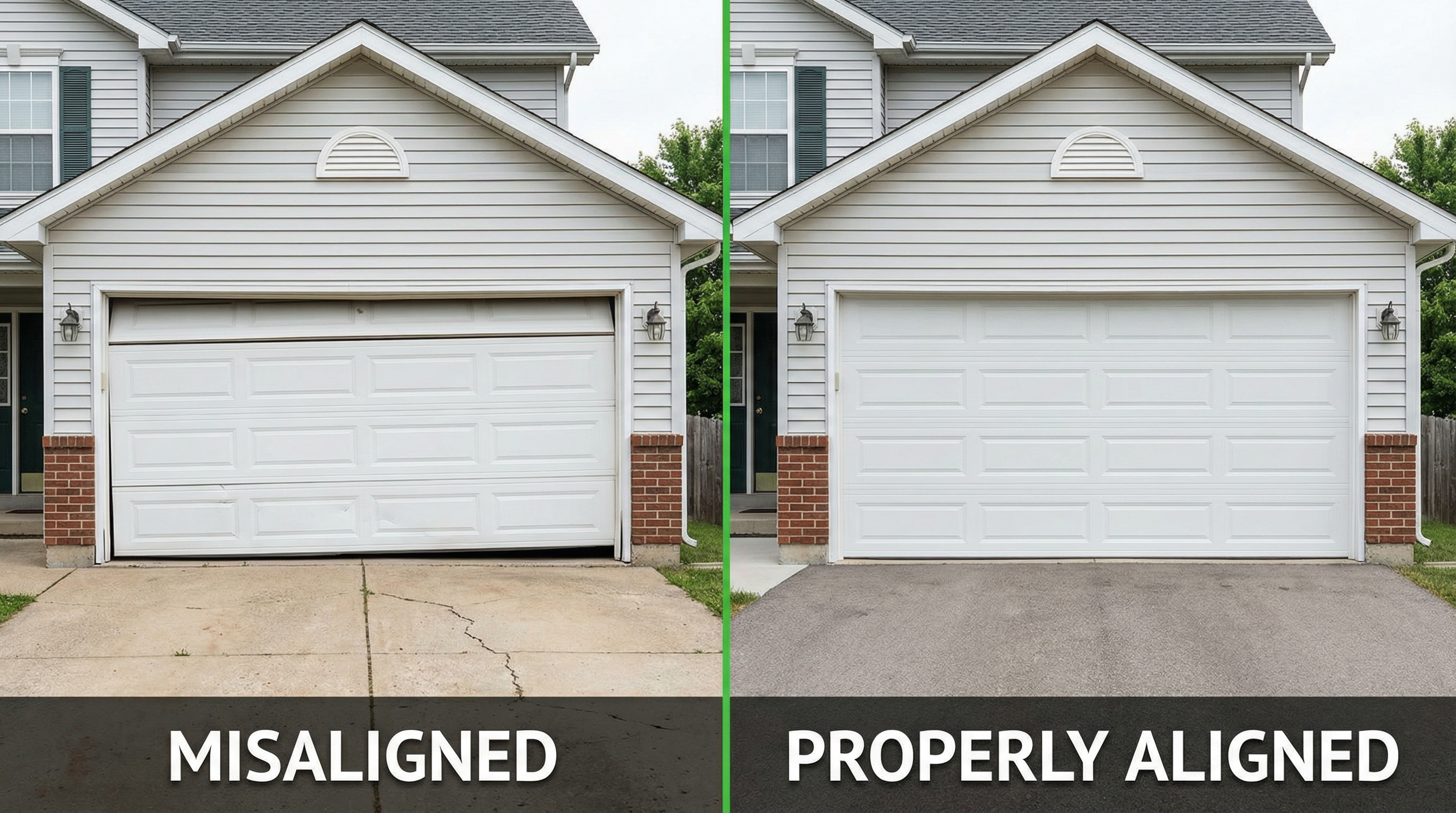comparison showing properly aligned garage door versus misaligned door with visible gaps and damage