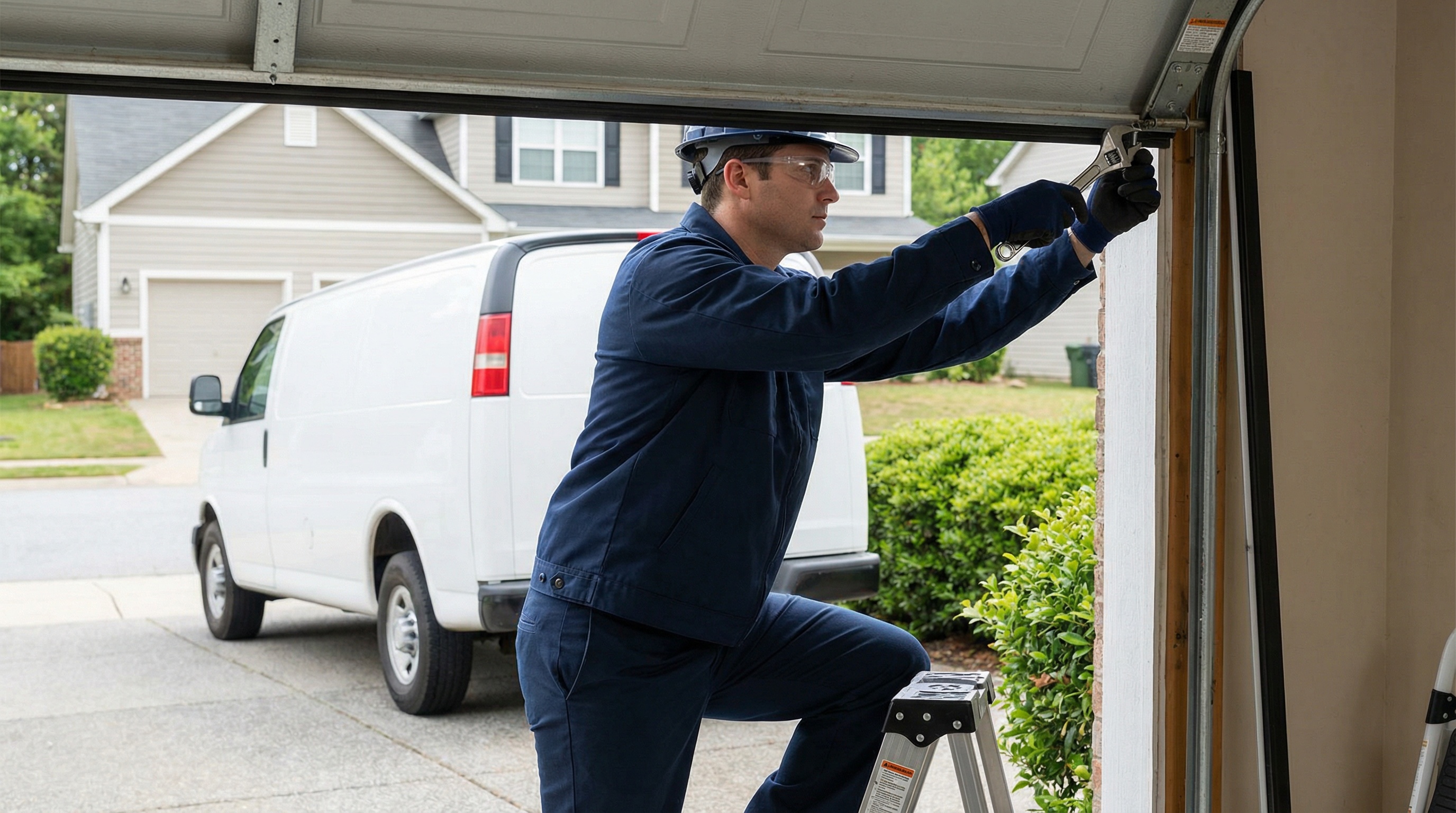 professional technician working on garage door track repair with proper safety equipment