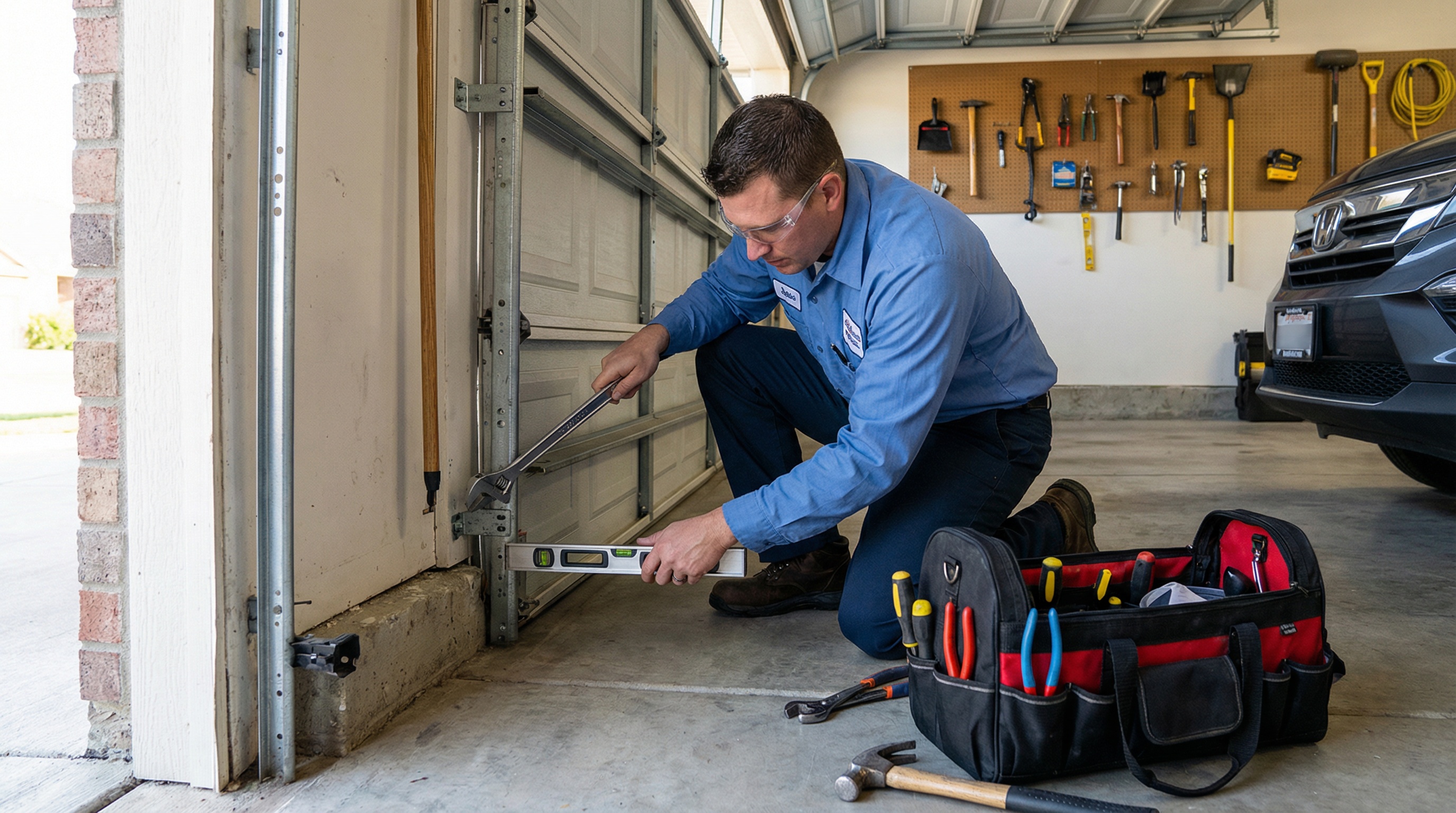 technician adjusting garage door tracks with proper tools