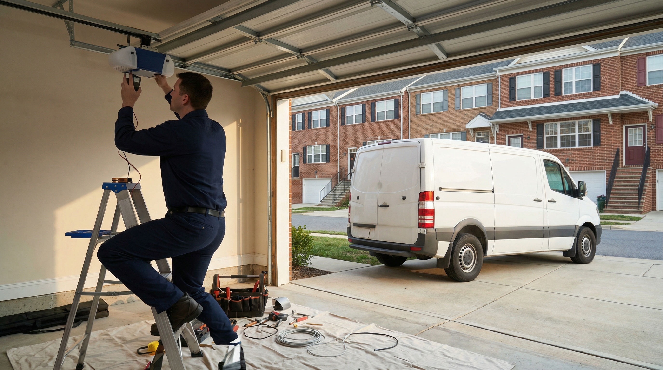 Professional garage door technician installing motor in Philadelphia
