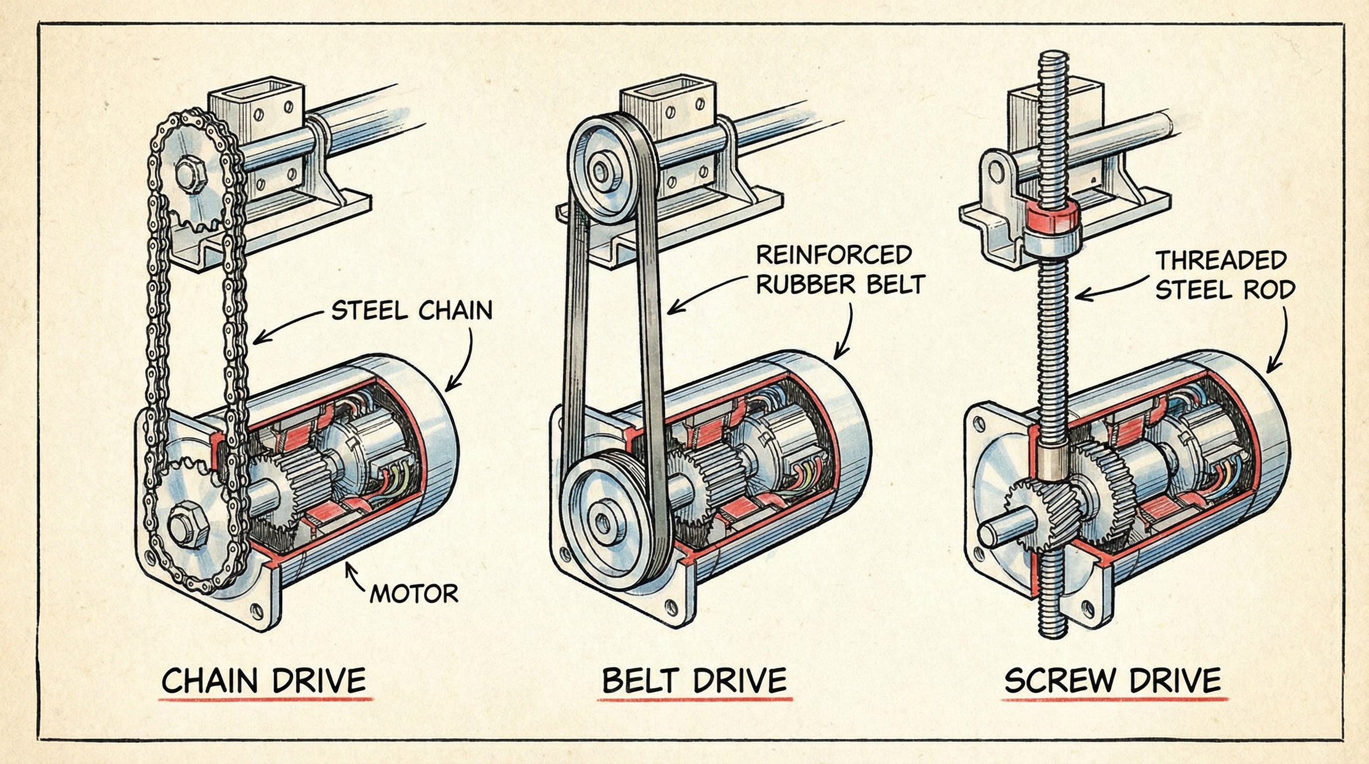 Comparison of garage door motor types: chain drive, belt drive, and screw drive