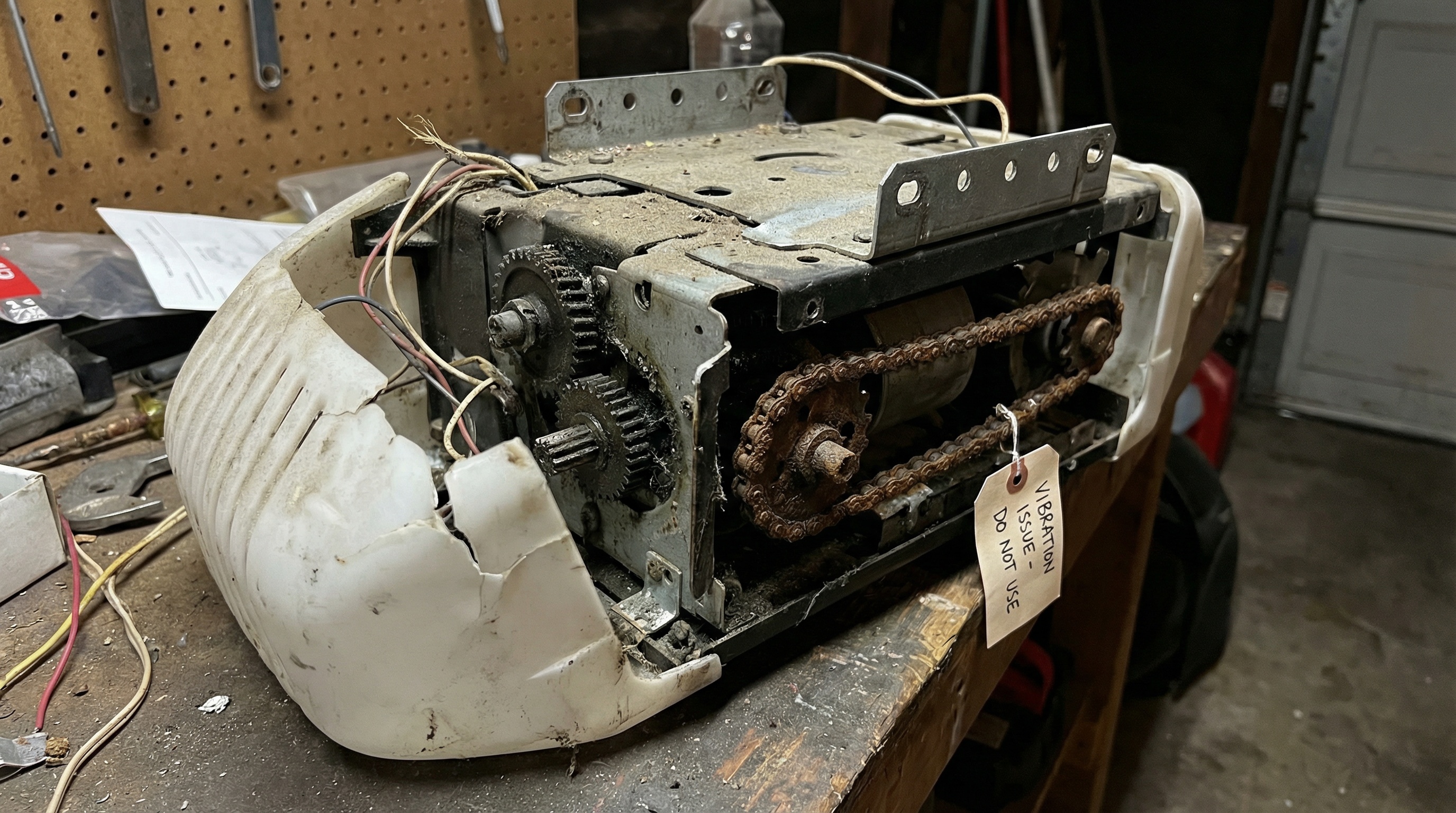 Garage door opener motor showing vibration damage