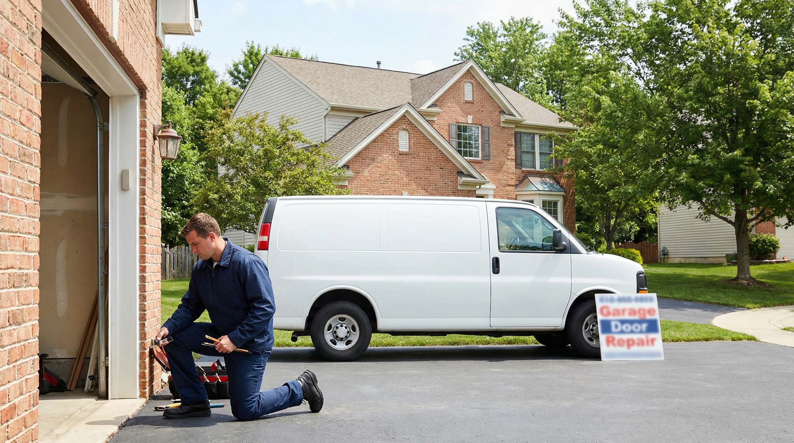 Garage door repair service truck at residential home