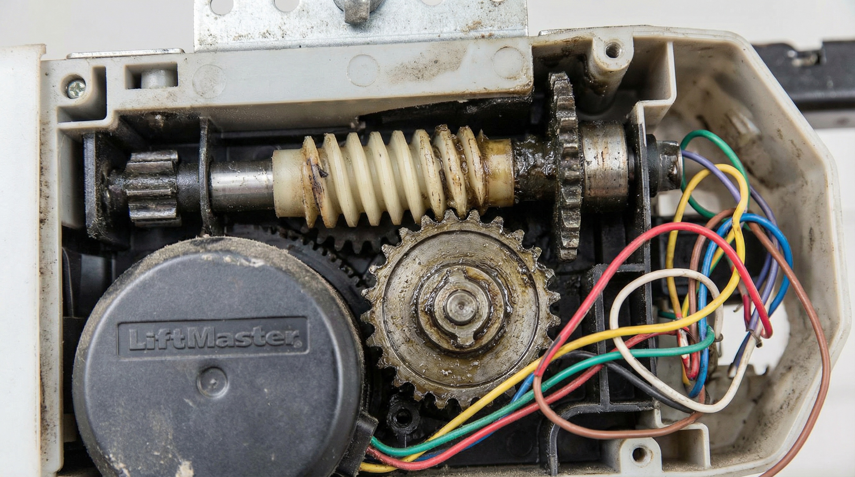 Close-up of garage door opener gears and mechanical components