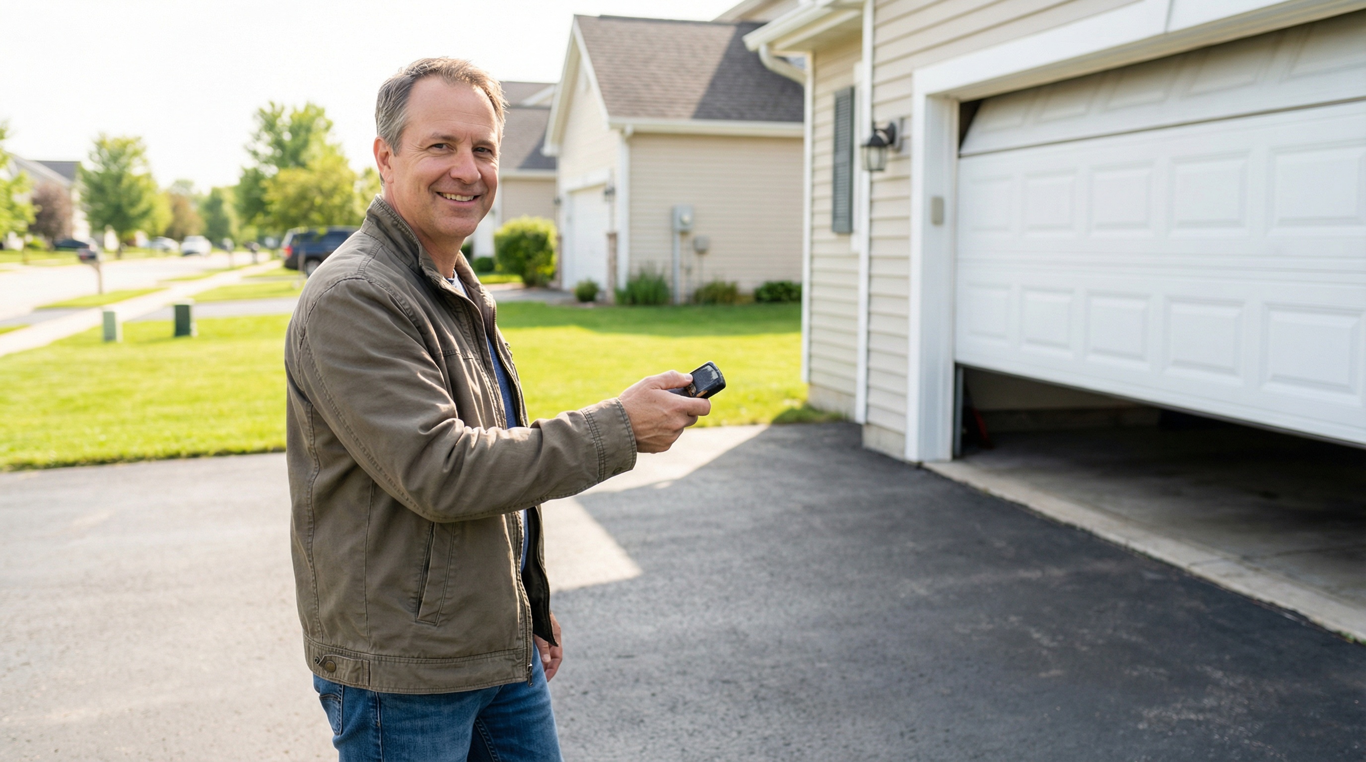 Philadelphia homeowner using garage door opener remote control