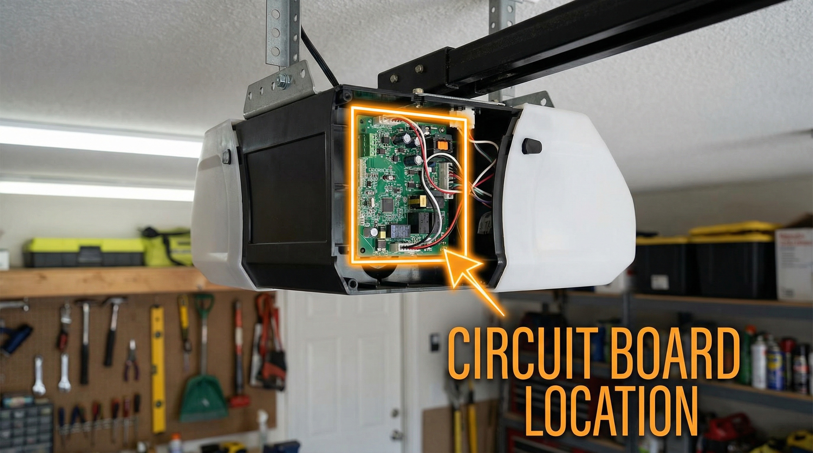 garage door opener with circuit board location highlighted