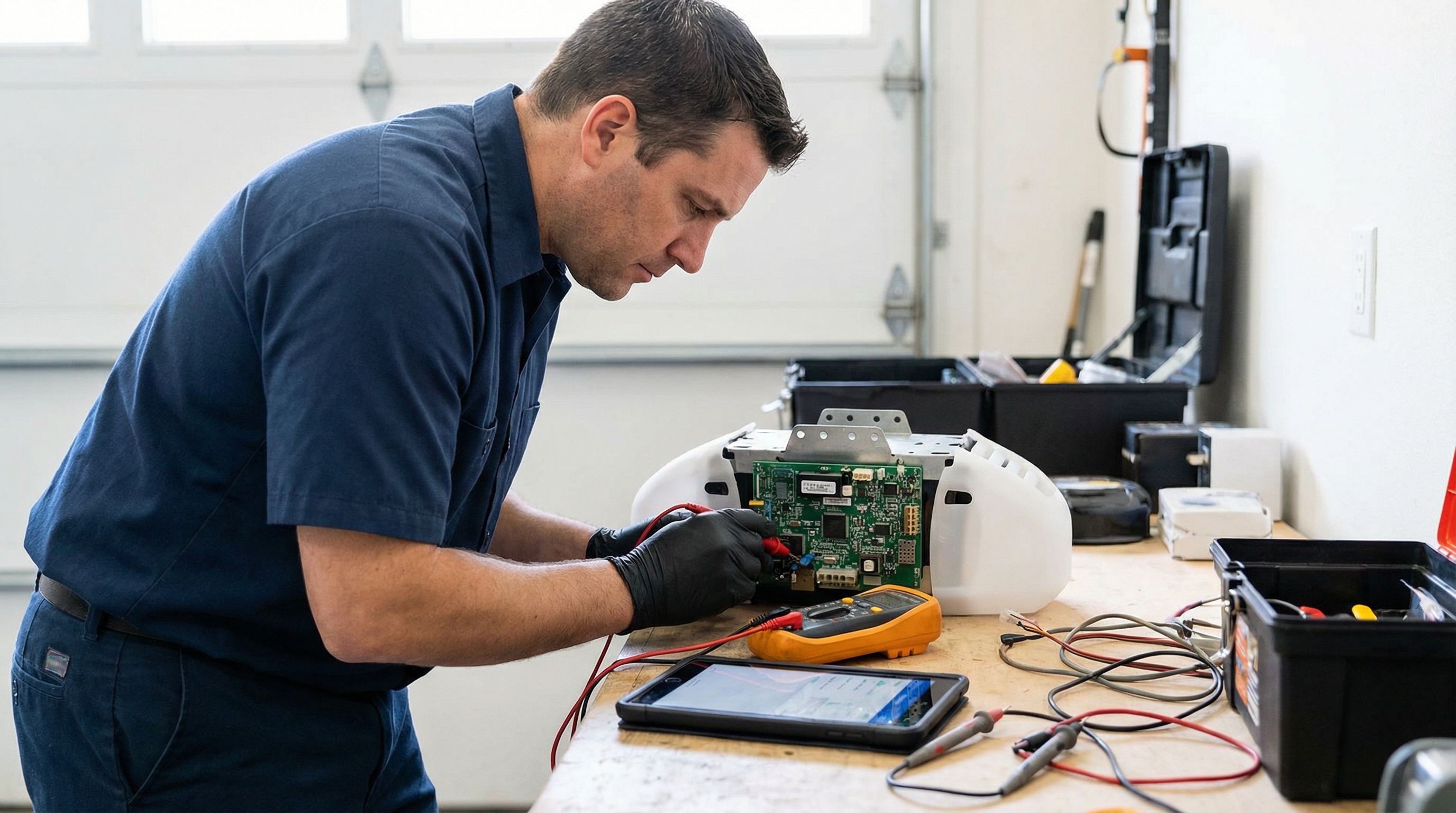 Technician testing garage door circuit board